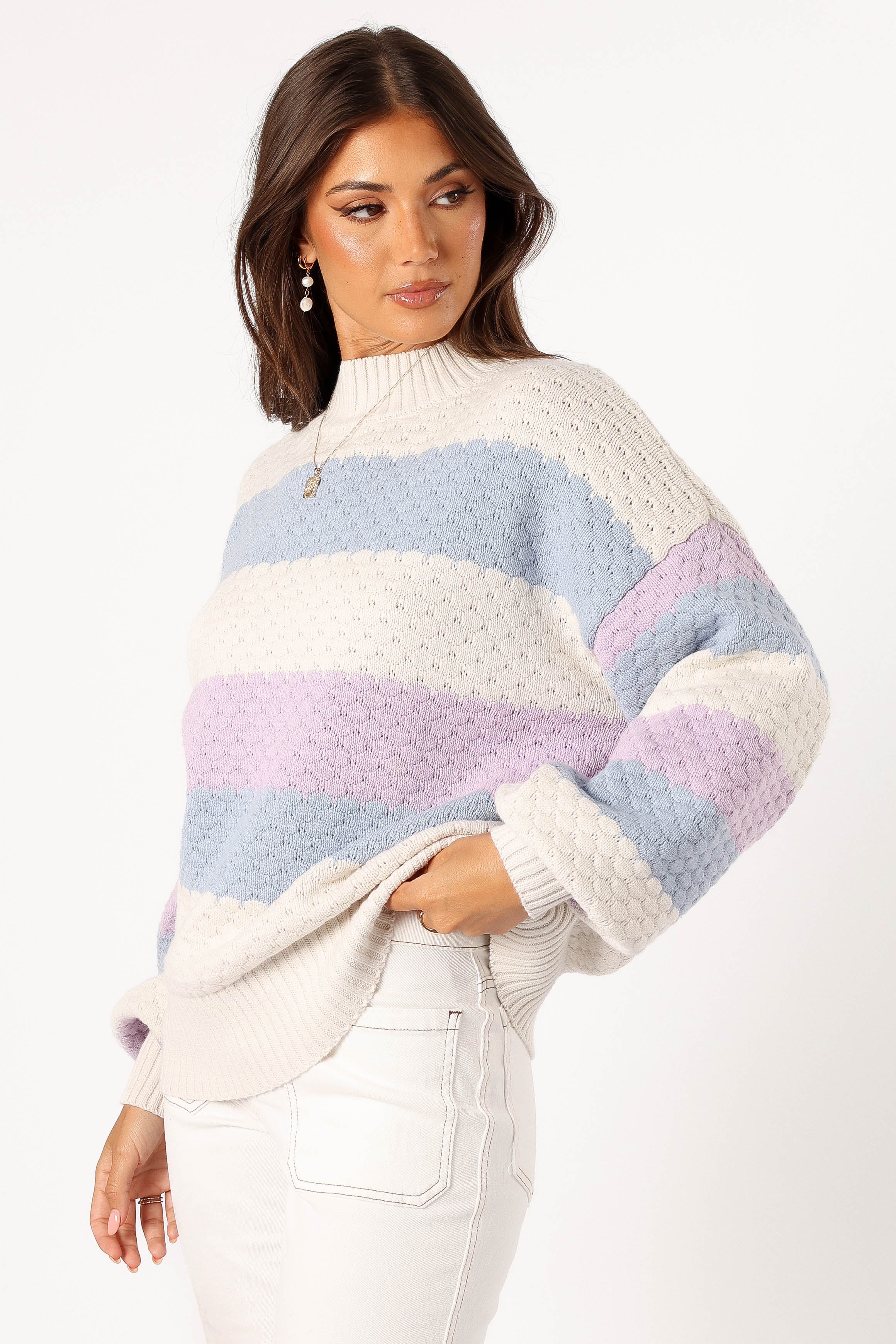 Petal and Pup USA KNITWEAR Dani Multi Stripe Knit Sweater - White Light Blue