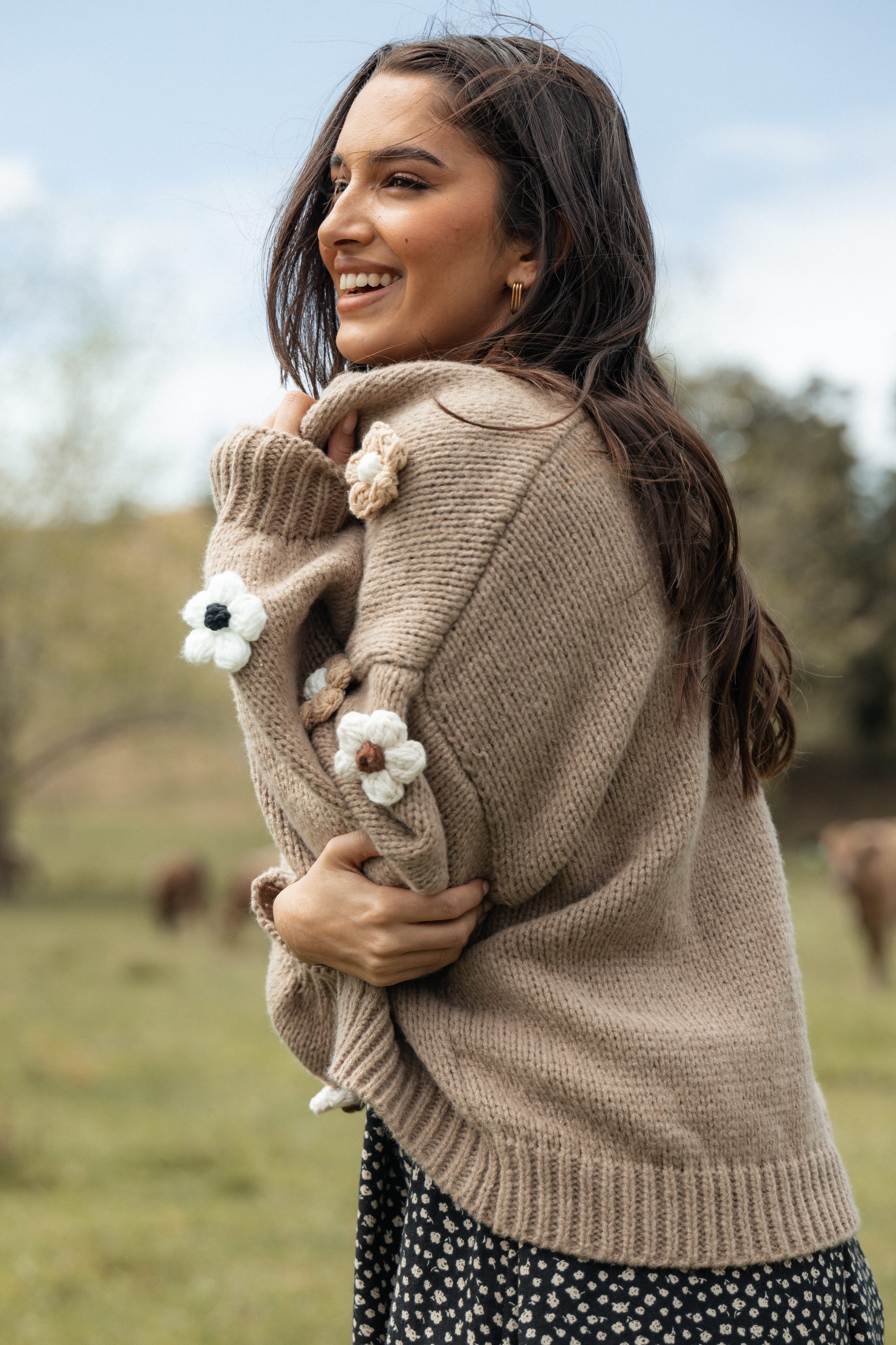 Petal and Pup USA KNITWEAR Delaro Flower Cardigan - Brown