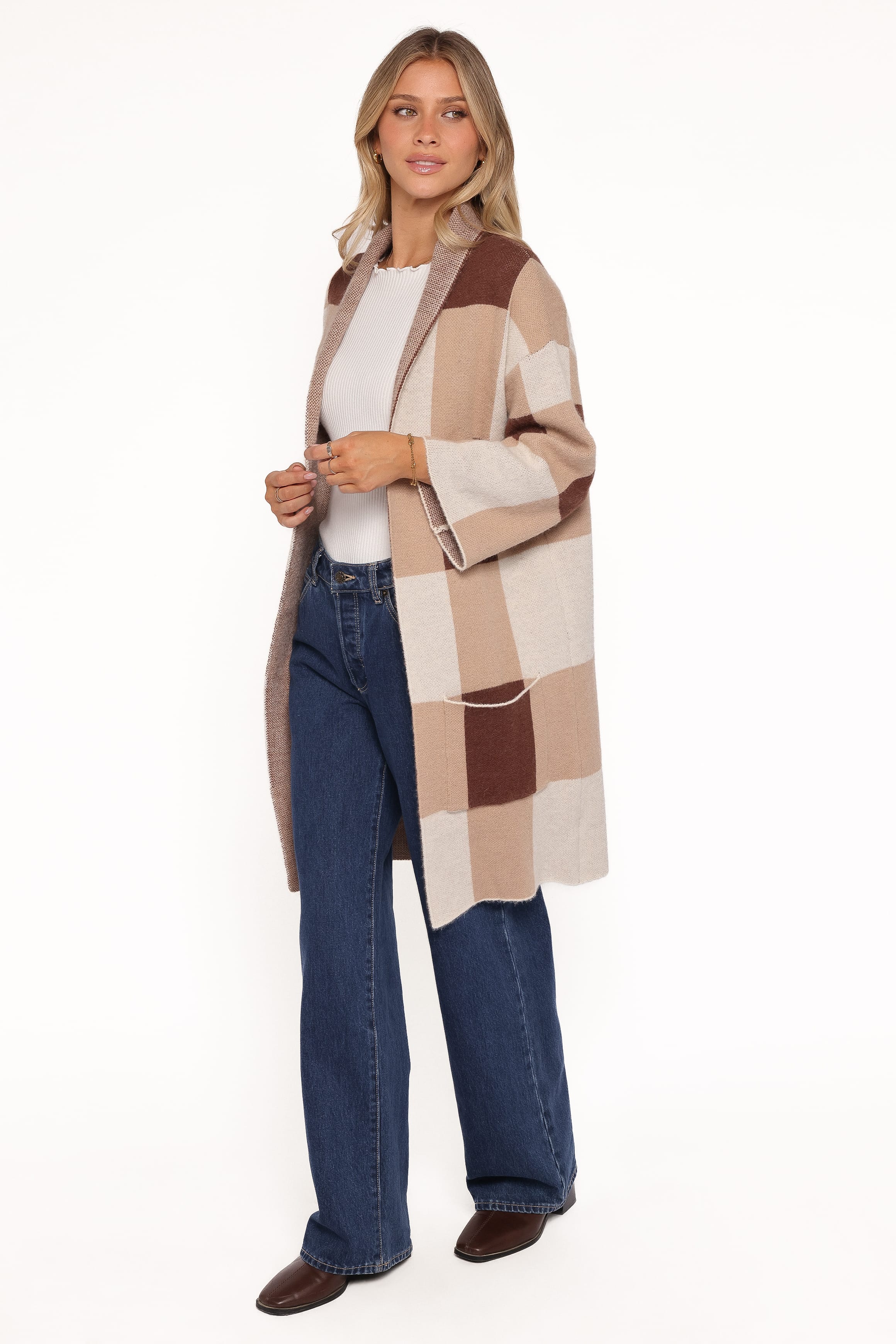 Petal and Pup USA KNITWEAR Ecoya Long Cardigan - Brown Plaid