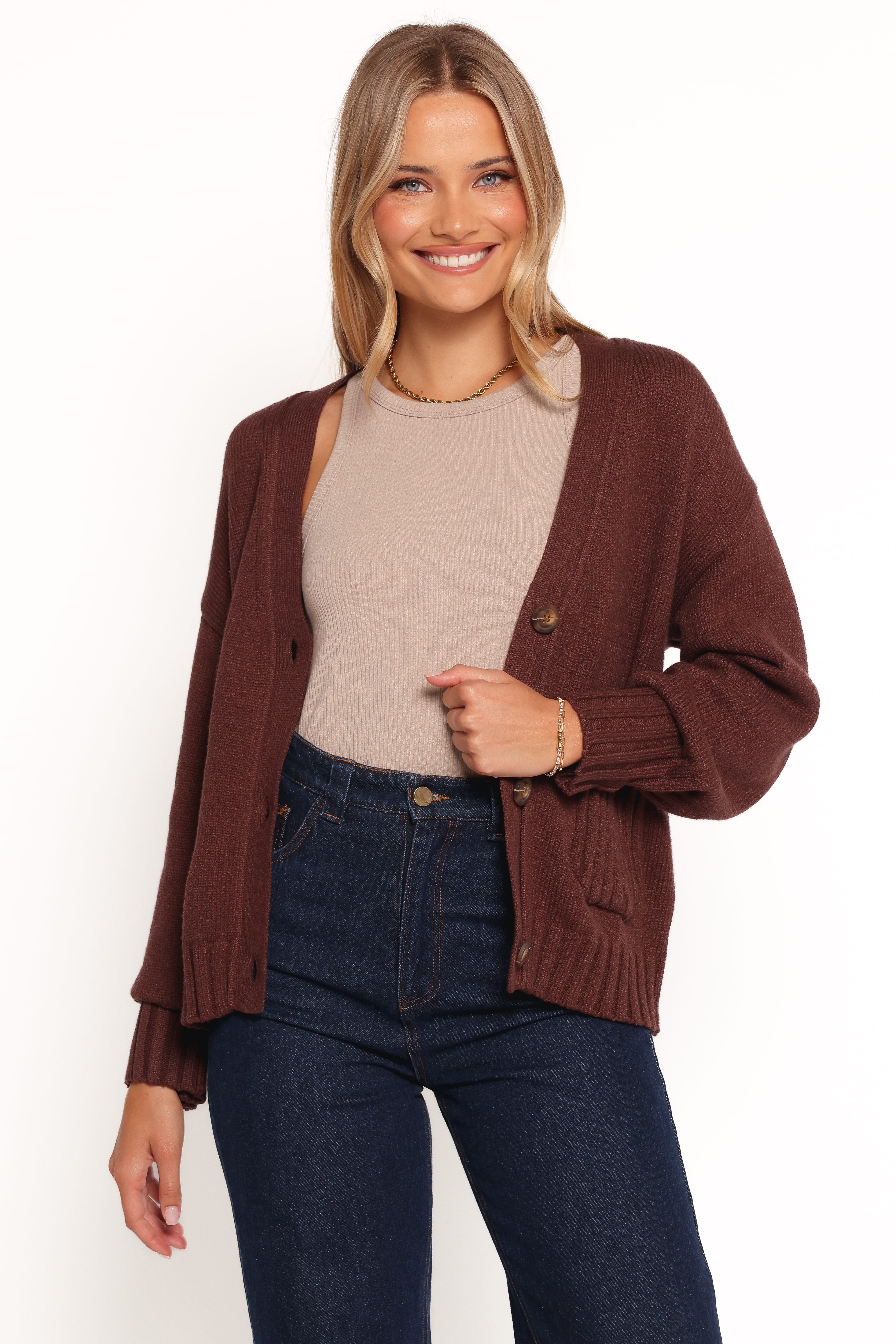 トップス ENNOY BUTTON CARDIGAN BROWN Eden Button Front Cardigan - Brown | Petal & Pup USA