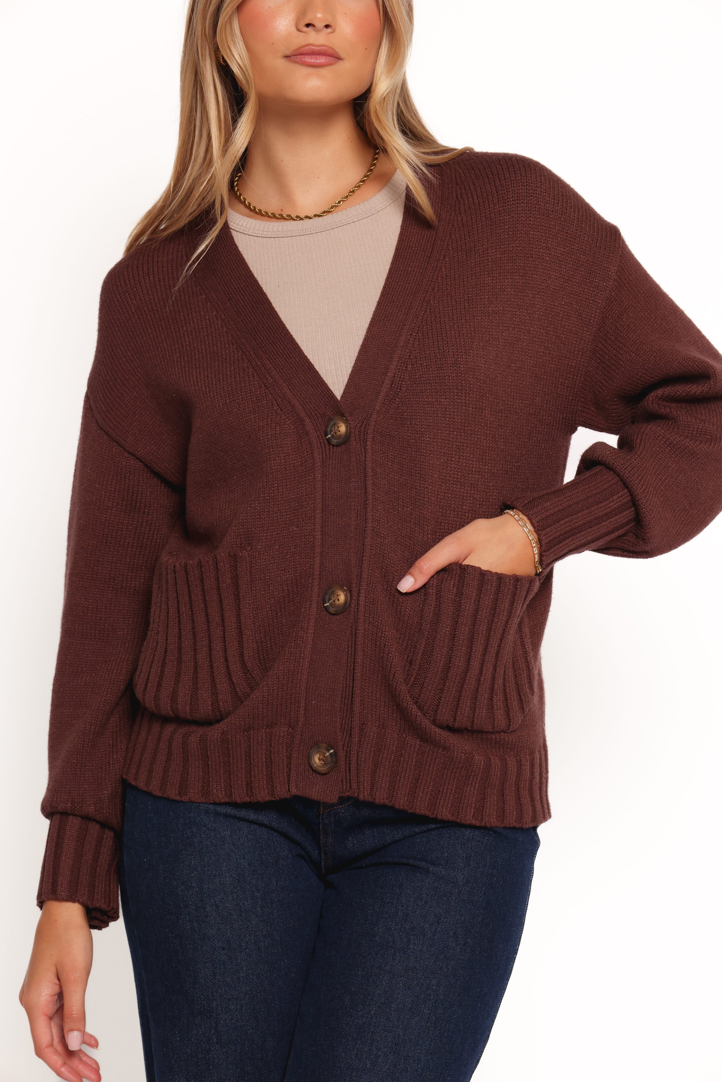 Petal and Pup USA KNITWEAR Eden Button Front Cardigan - Brown