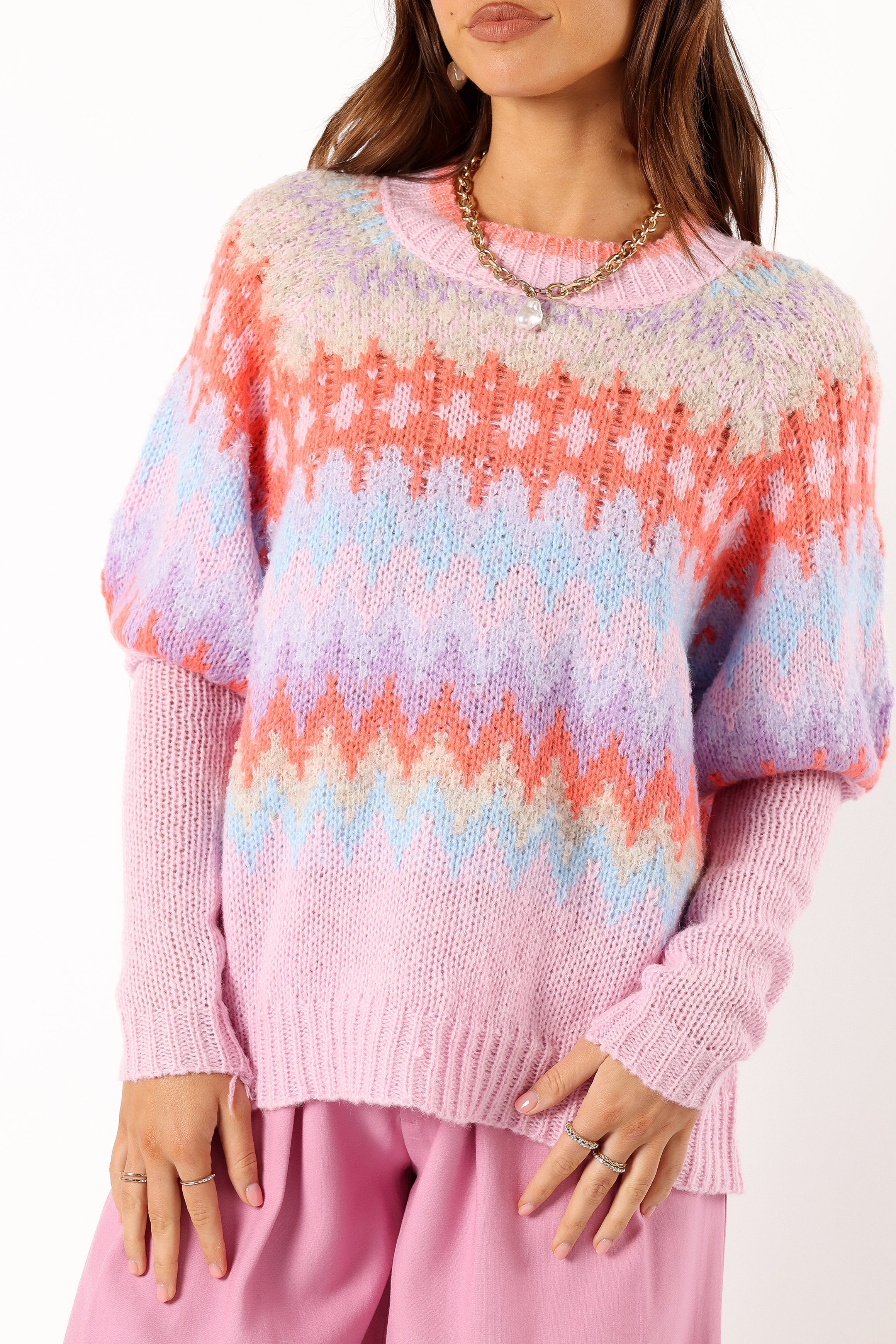 Petal and Pup USA KNITWEAR Emerson Fairisle Knit Sweater - Coral/Blue