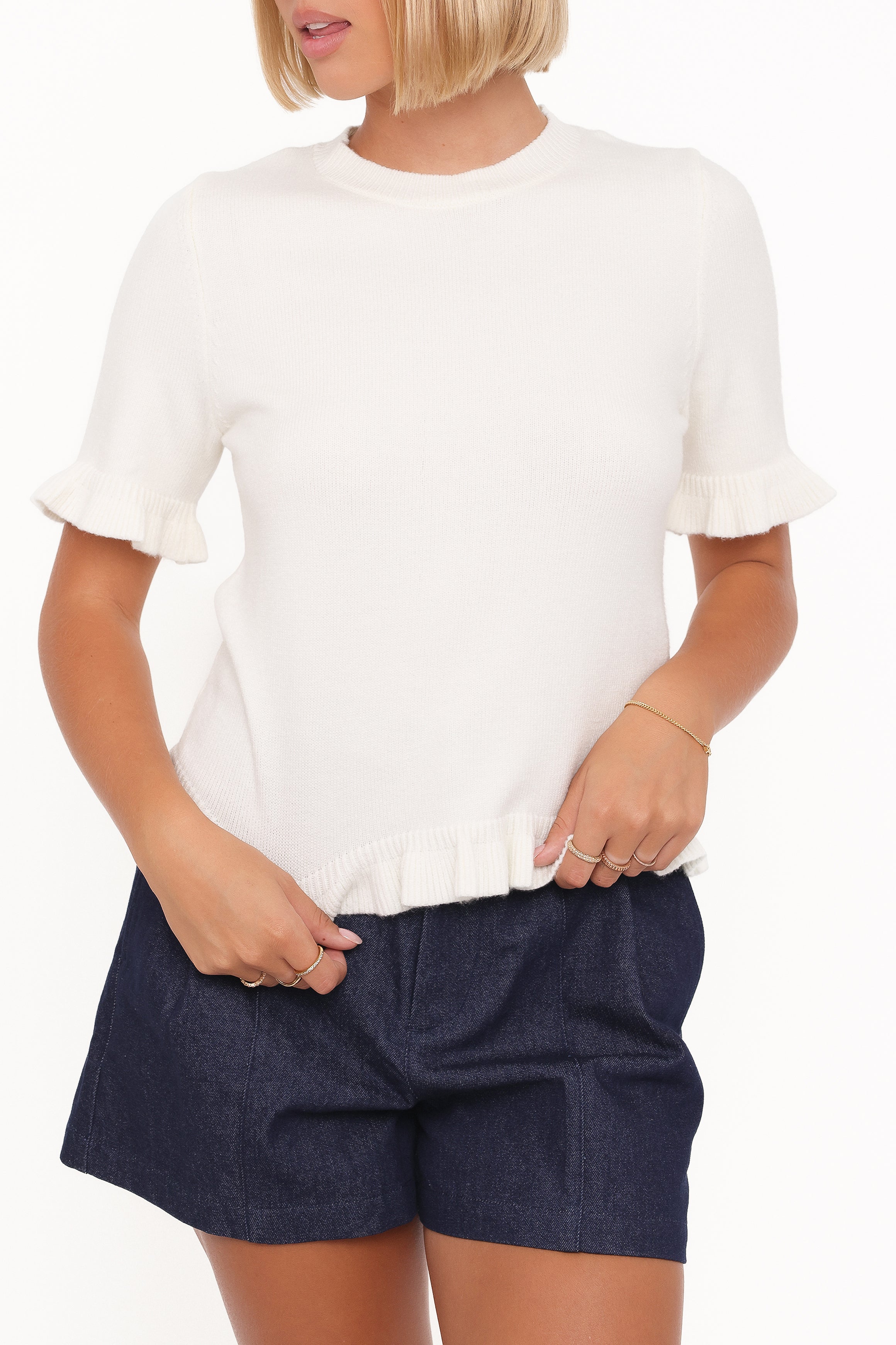 Petal and Pup USA KNITWEAR Emilie Short Sleeve Ruffle Crew Sweater - Cream