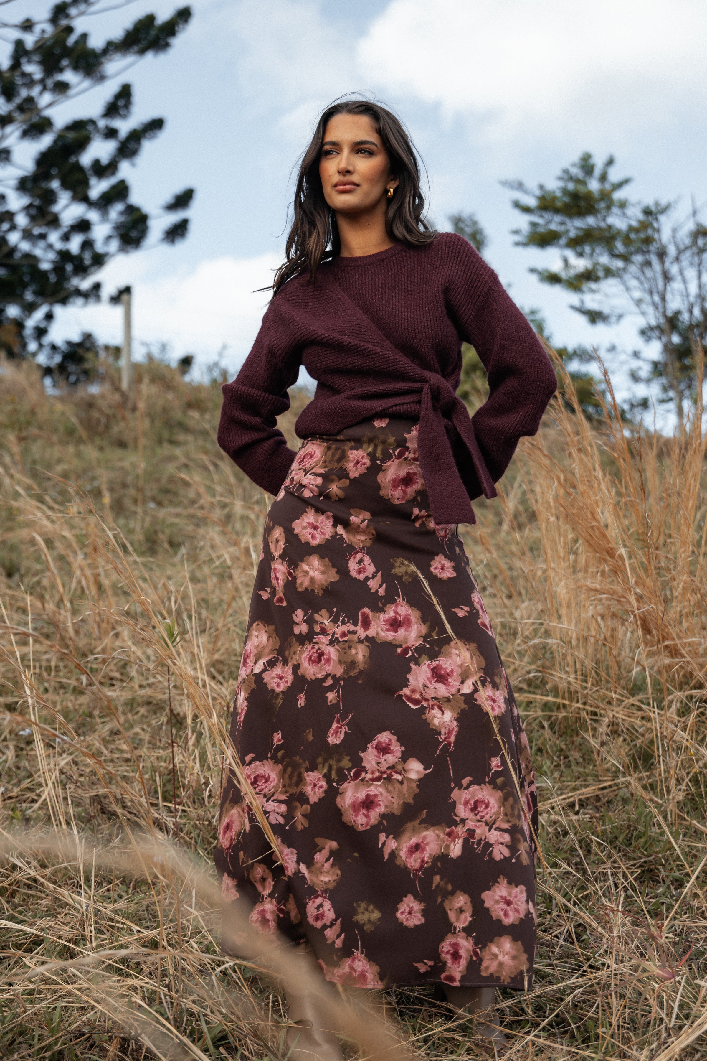 Petal and Pup USA KNITWEAR Ettie Wrap Side Tie Knit Sweater - Burgundy