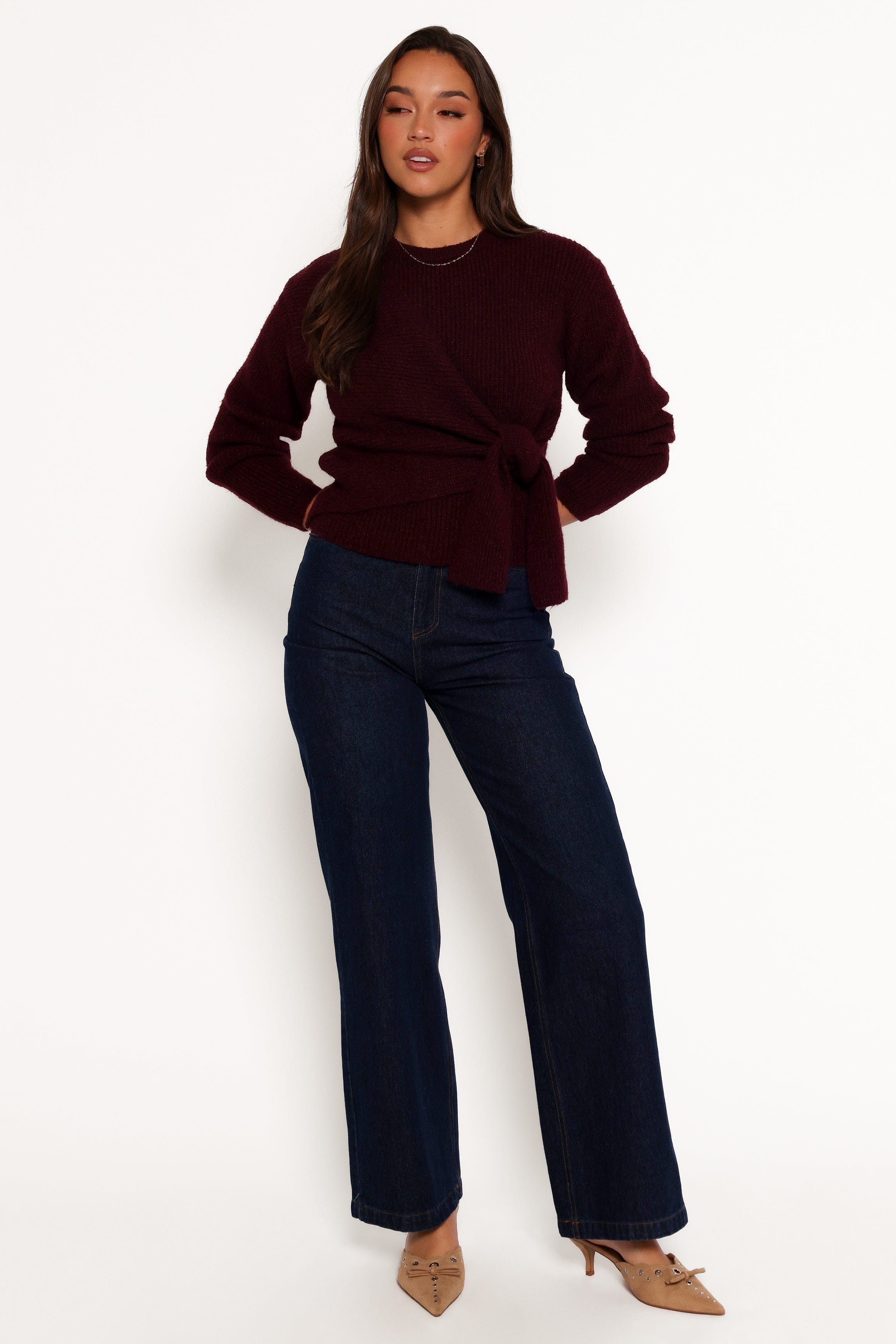 Petal and Pup USA KNITWEAR Ettie Wrap Side Tie Knit Sweater - Burgundy