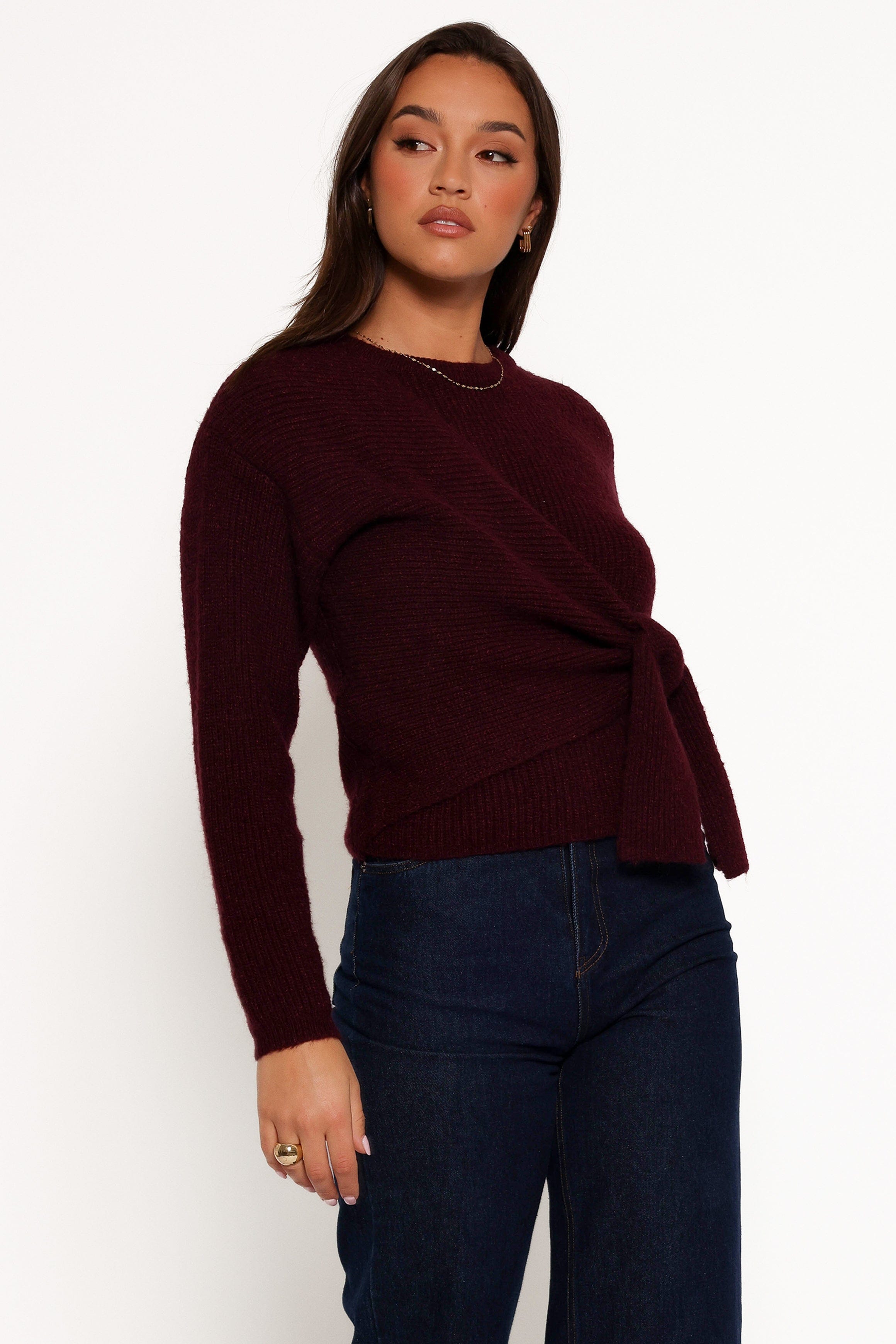 Petal and Pup USA KNITWEAR Ettie Wrap Side Tie Knit Sweater - Burgundy