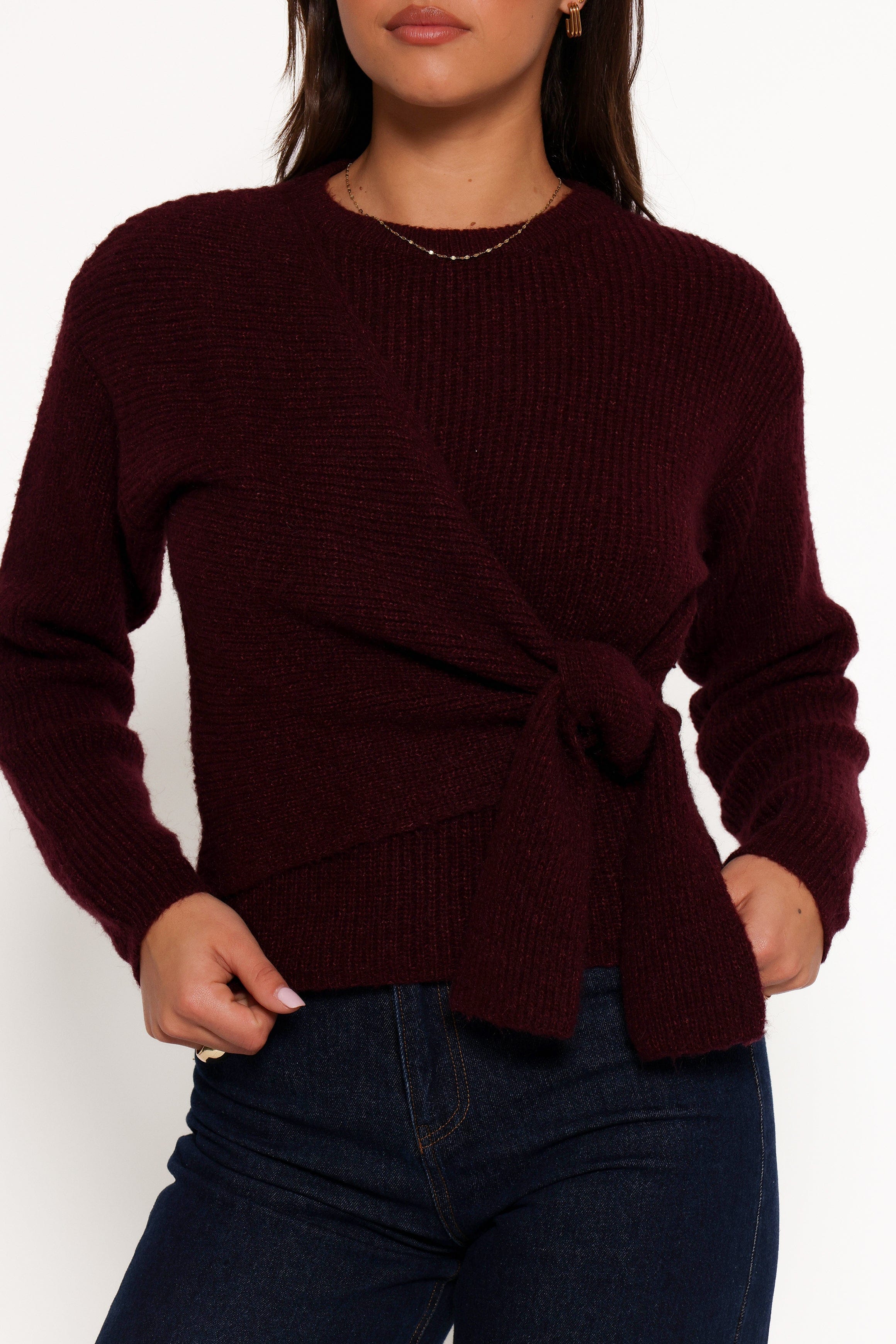 Petal and Pup USA KNITWEAR Ettie Wrap Side Tie Knit Sweater - Burgundy