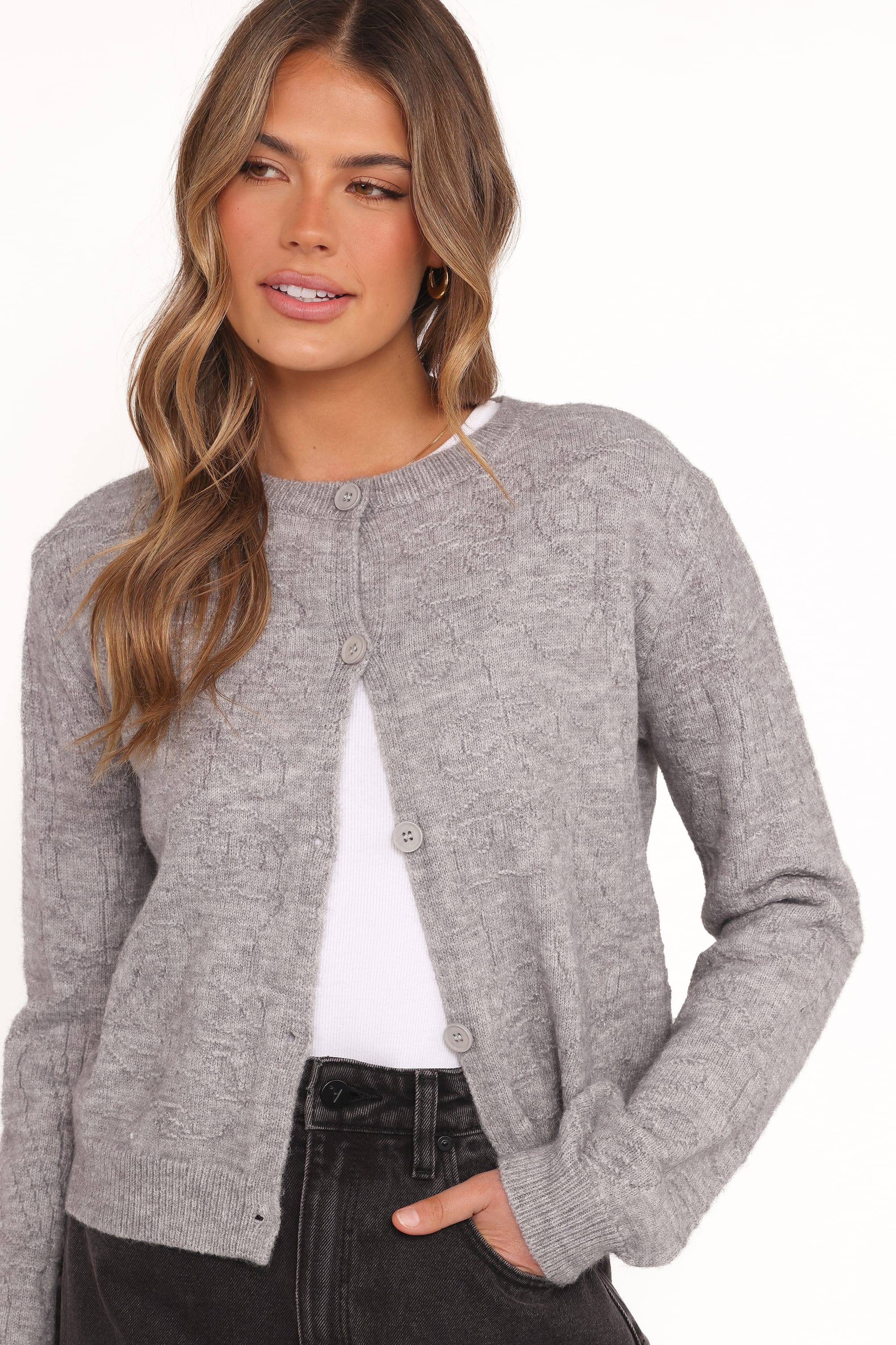 Petal and Pup USA KNITWEAR Fauna Tonal Floral Cardigan - Heather Grey