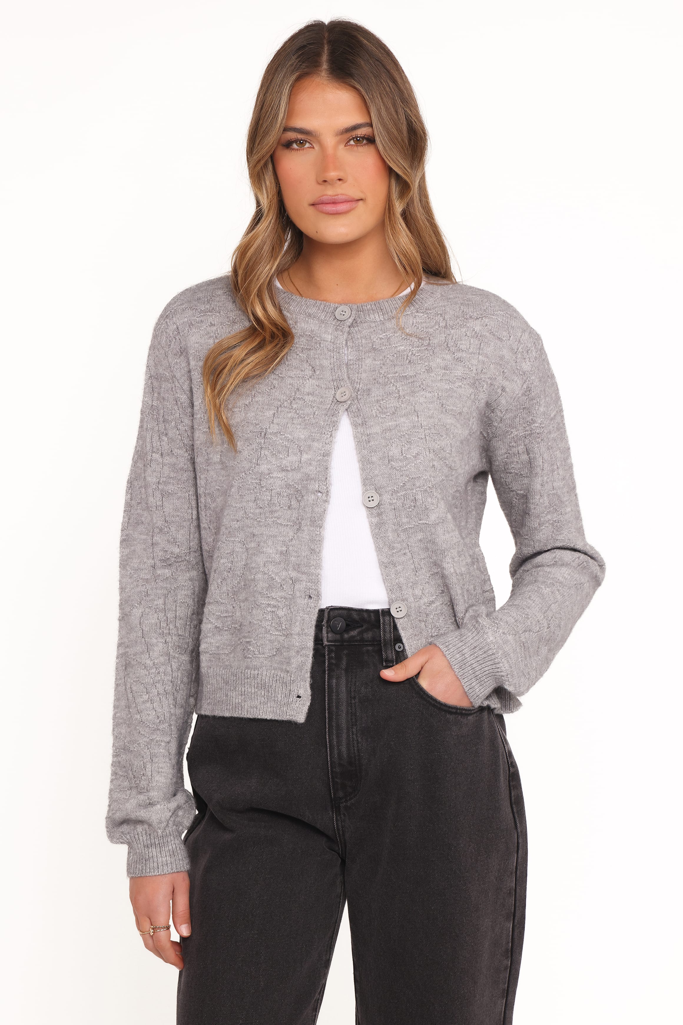 Petal and Pup USA KNITWEAR Fauna Tonal Floral Cardigan - Heather Grey
