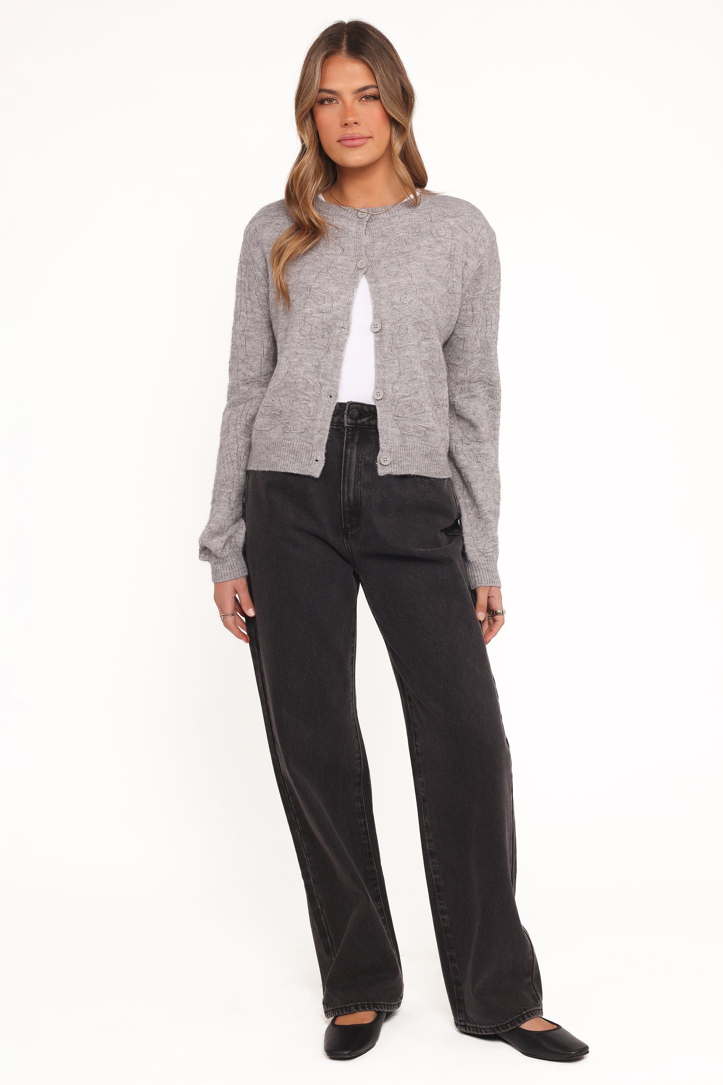 Petal and Pup USA KNITWEAR Fauna Tonal Floral Cardigan - Heather Grey