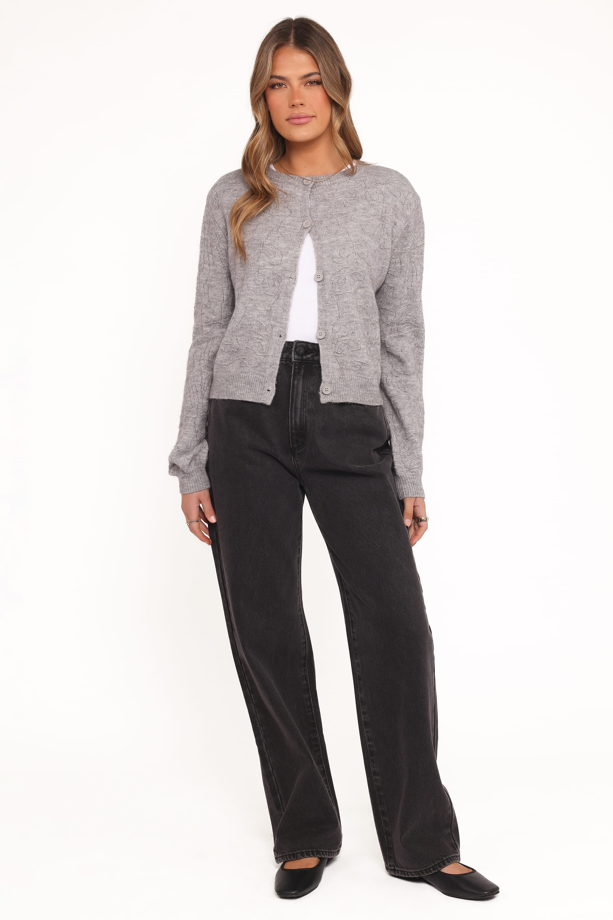 Petal and Pup USA KNITWEAR Fauna Tonal Floral Cardigan - Heather Grey