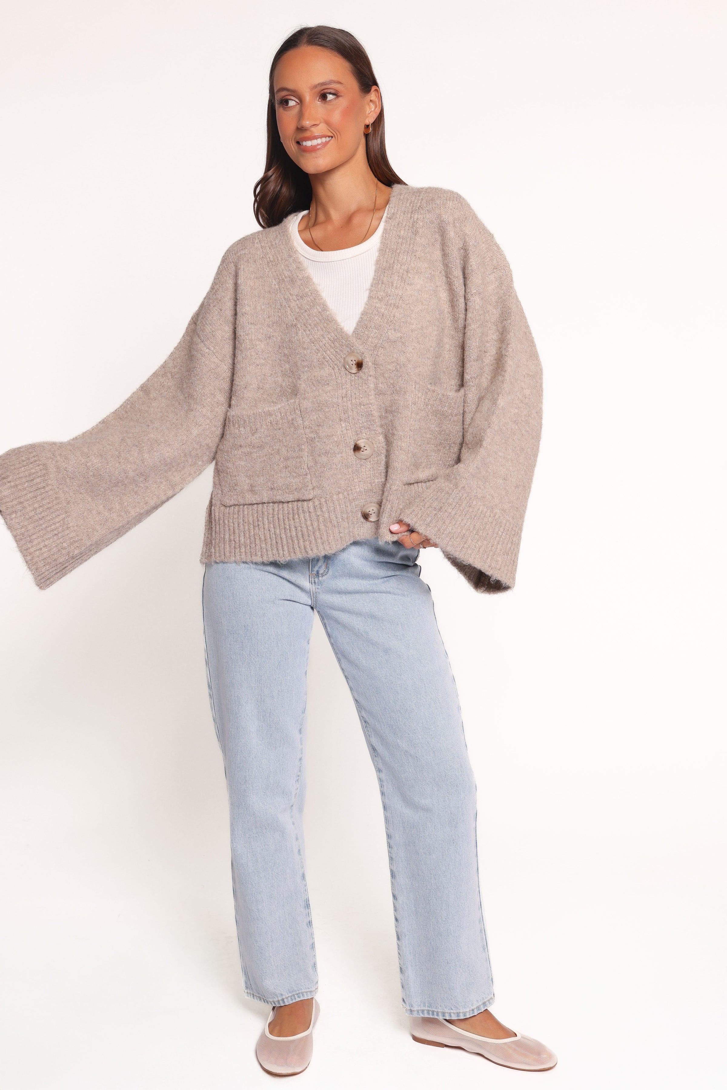 Petal and Pup USA KNITWEAR Fern Wide Sleeve Cardigan - Mushroom