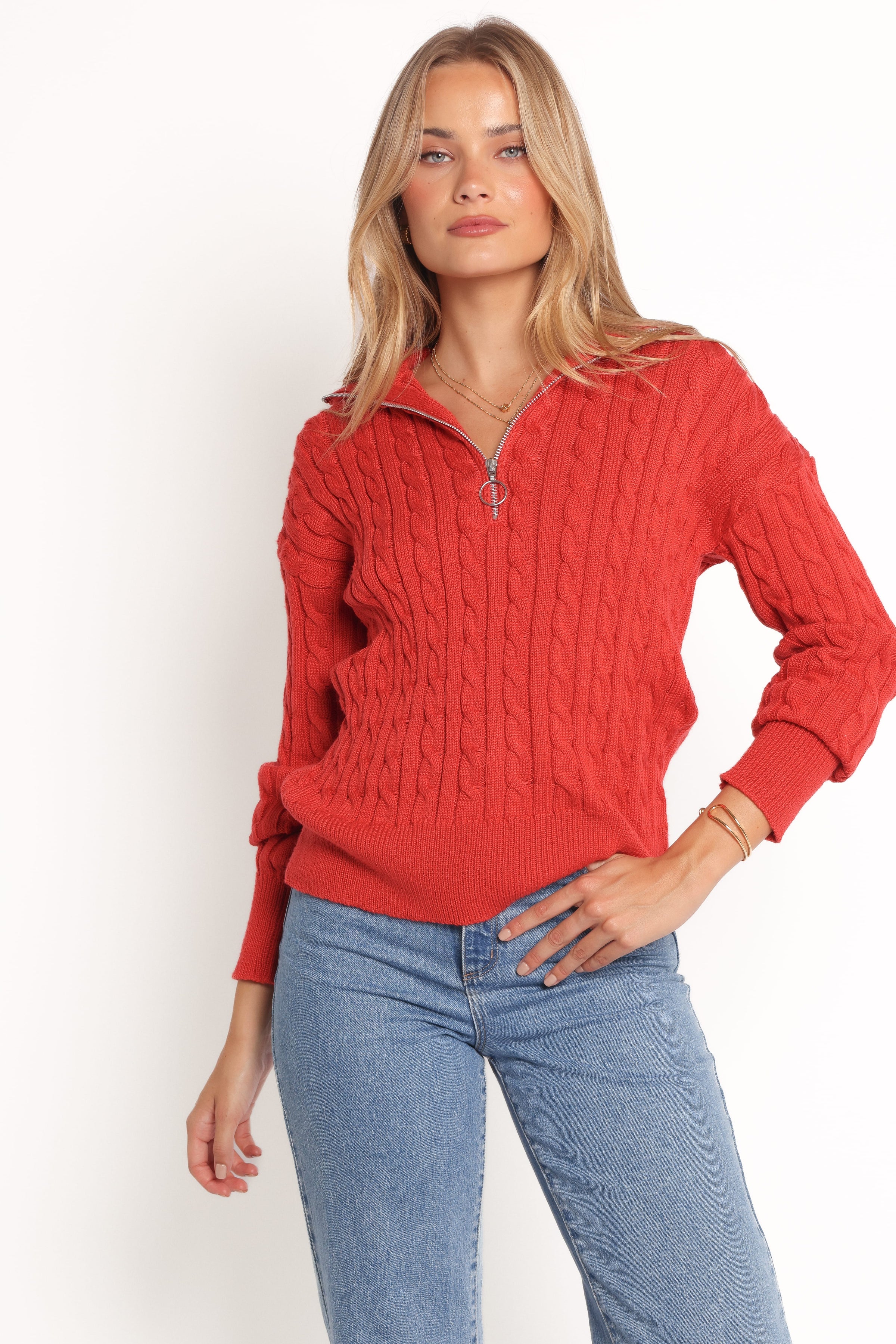 Petal and Pup USA KNITWEAR Frida Quarter Zip Knit Sweater - Red