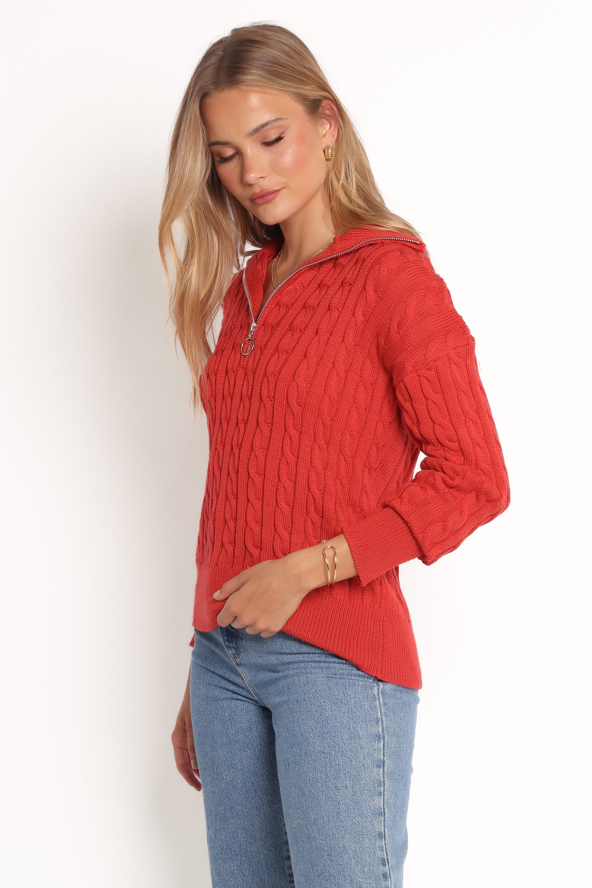 Petal and Pup USA KNITWEAR Frida Quarter Zip Knit Sweater - Red