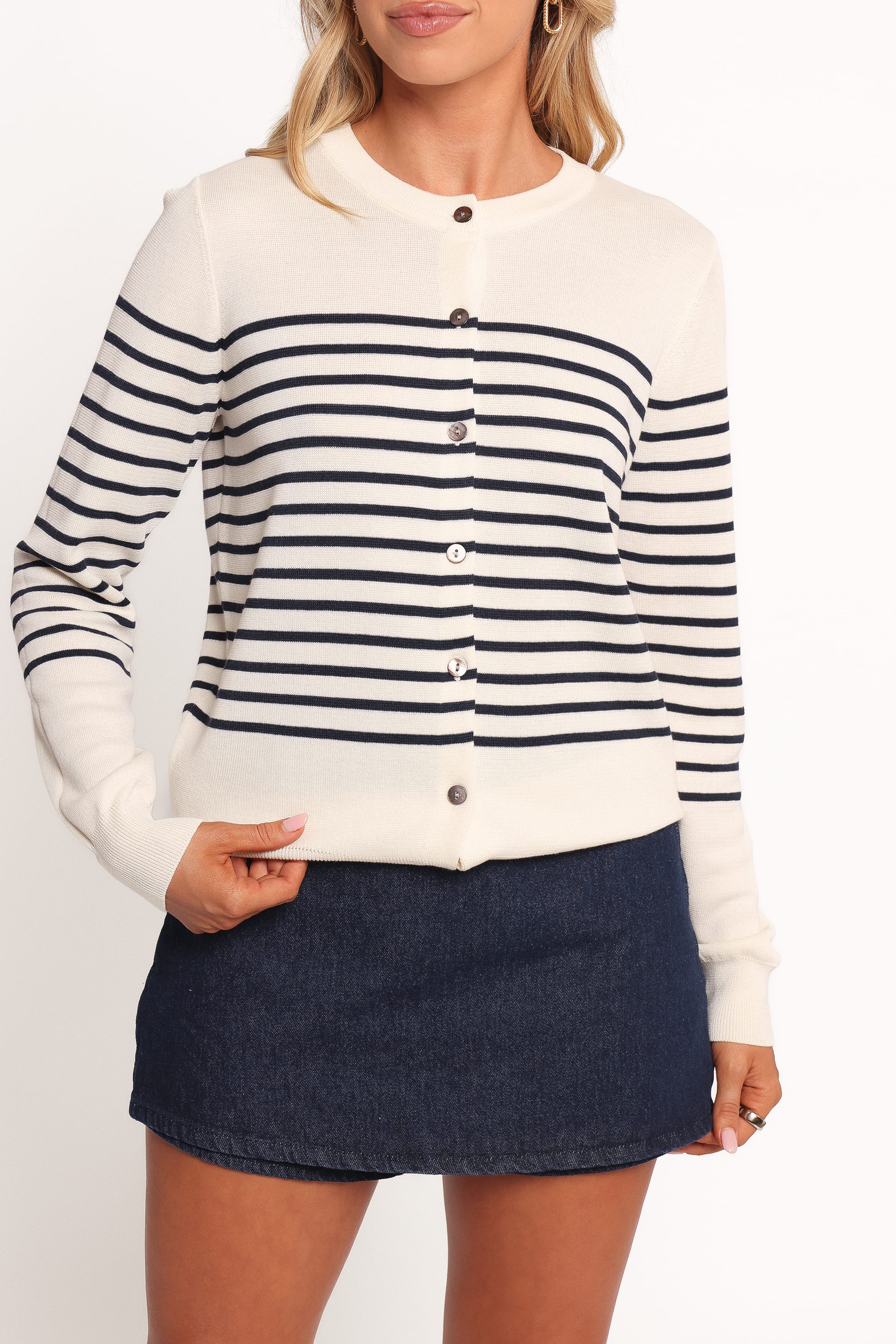 Petal and Pup USA KNITWEAR Gavi Button Front Striped Cardigan - Off White/Navy (Hold for Rack)