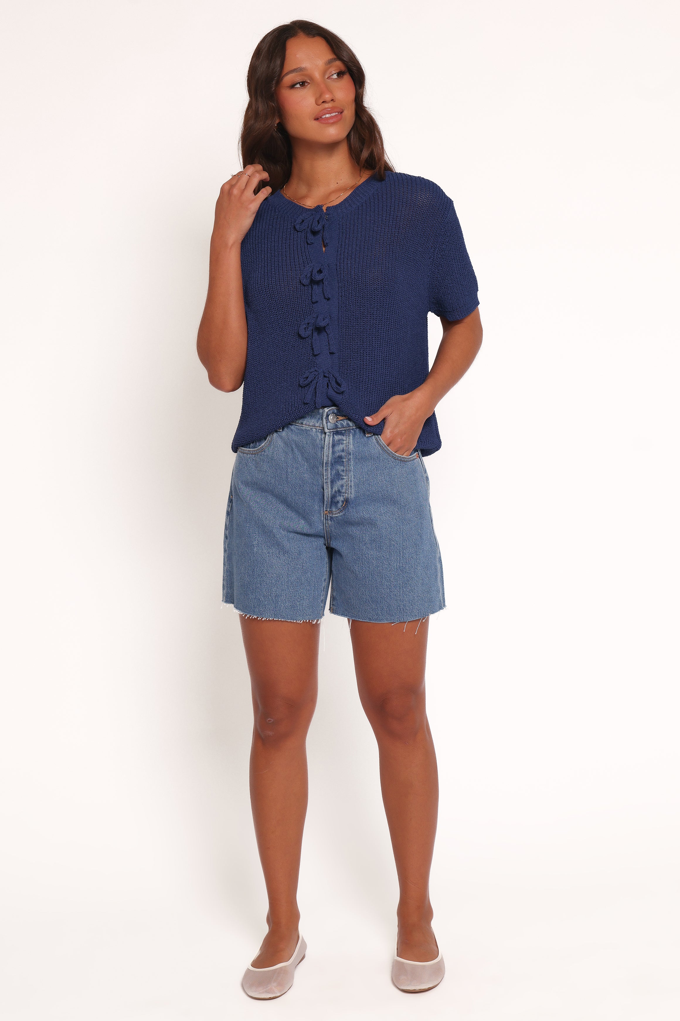 Petal and Pup USA KNITWEAR Gemma Short Sleeve Bow Cardigan - Navy