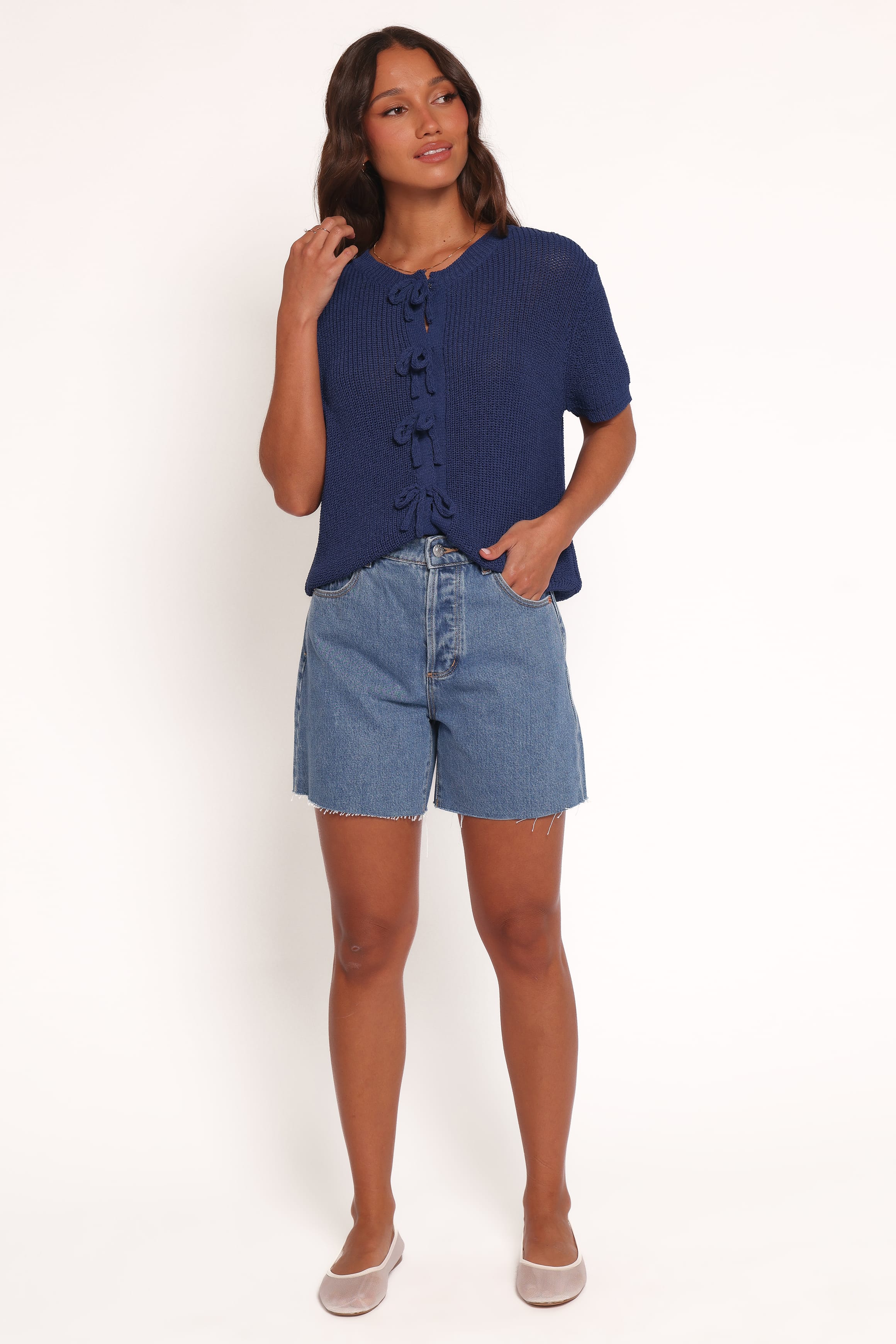 Petal and Pup USA KNITWEAR Gemma Short Sleeve Bow Cardigan - Navy