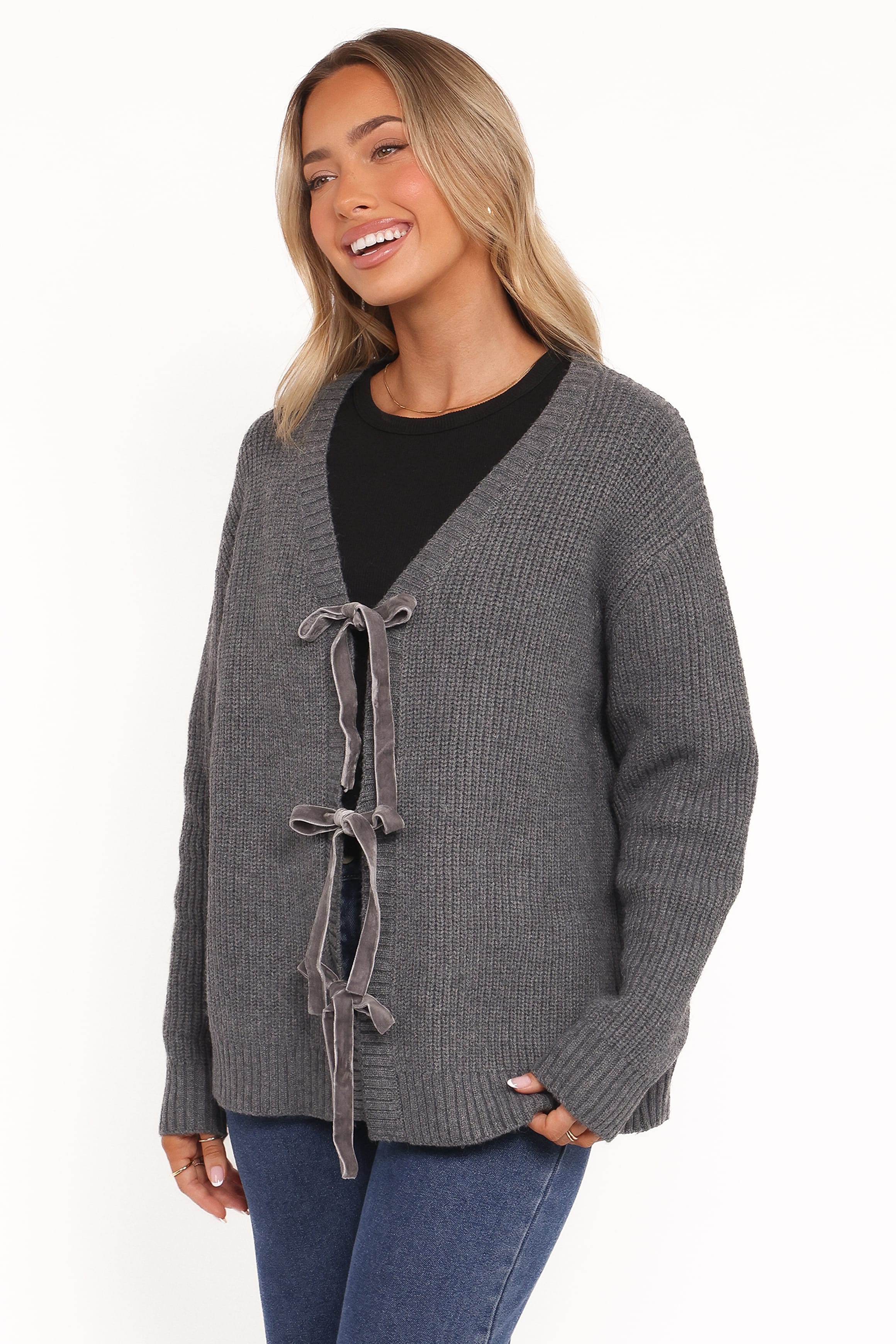 Petal and Pup USA KNITWEAR Hammond Tie Up Cardigan - Grey