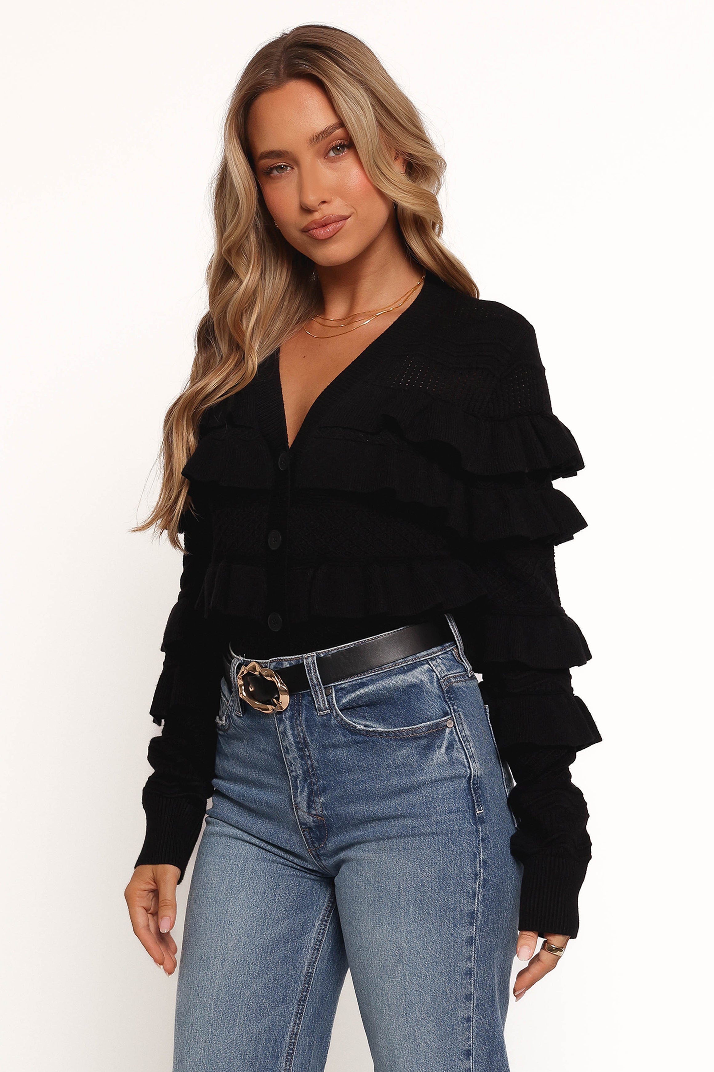 Petal and Pup USA KNITWEAR Hayworth Ruffle detail Cardigan - Black