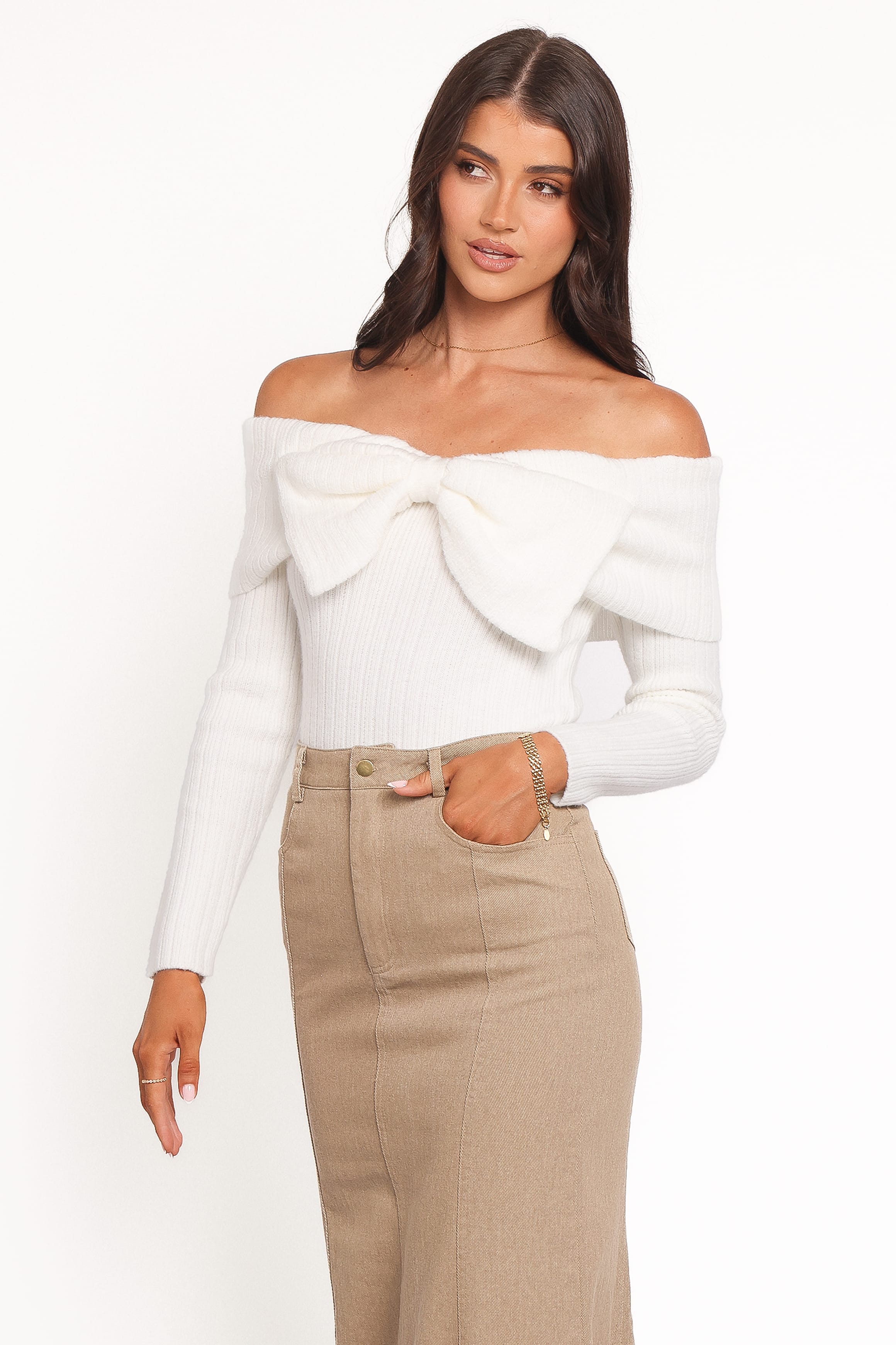 Petal and Pup USA KNITWEAR Helene Bow Off Shoulder Knit Sweater - Ivory