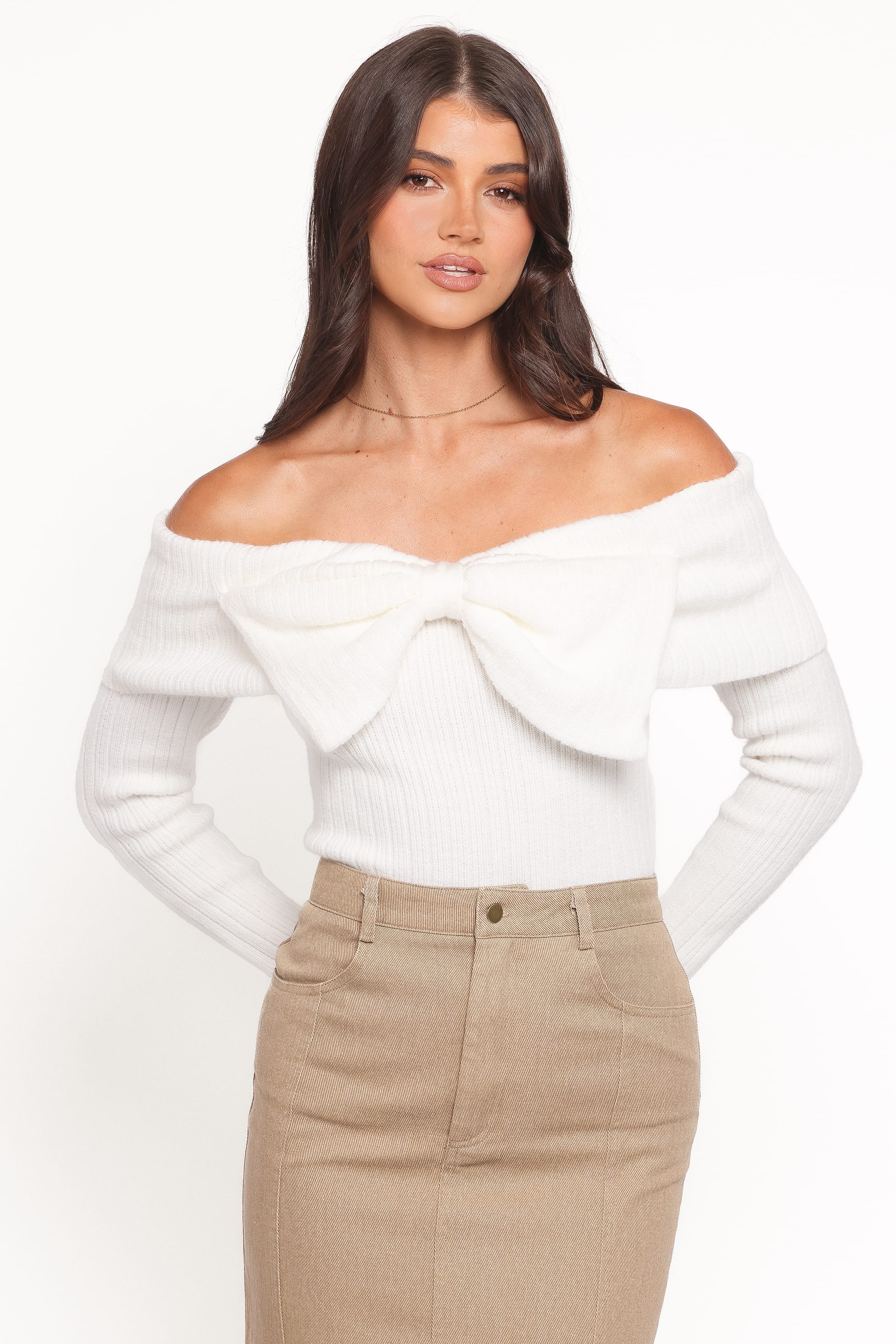 Petal and Pup USA KNITWEAR Helene Bow Off Shoulder Knit Sweater - Ivory