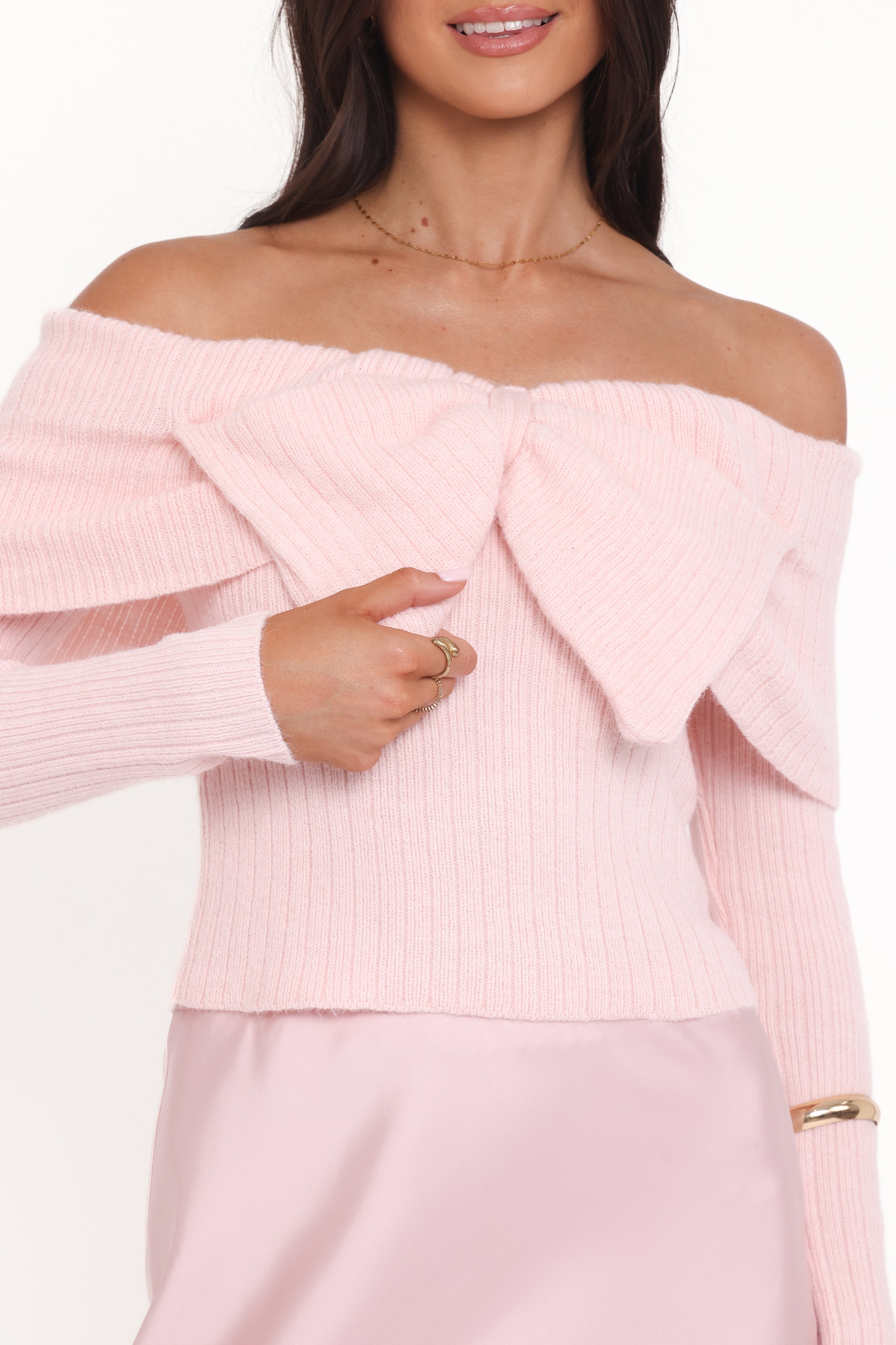 Petal and Pup USA KNITWEAR Helene Bow Off Shoulder Knit Sweater - Pink
