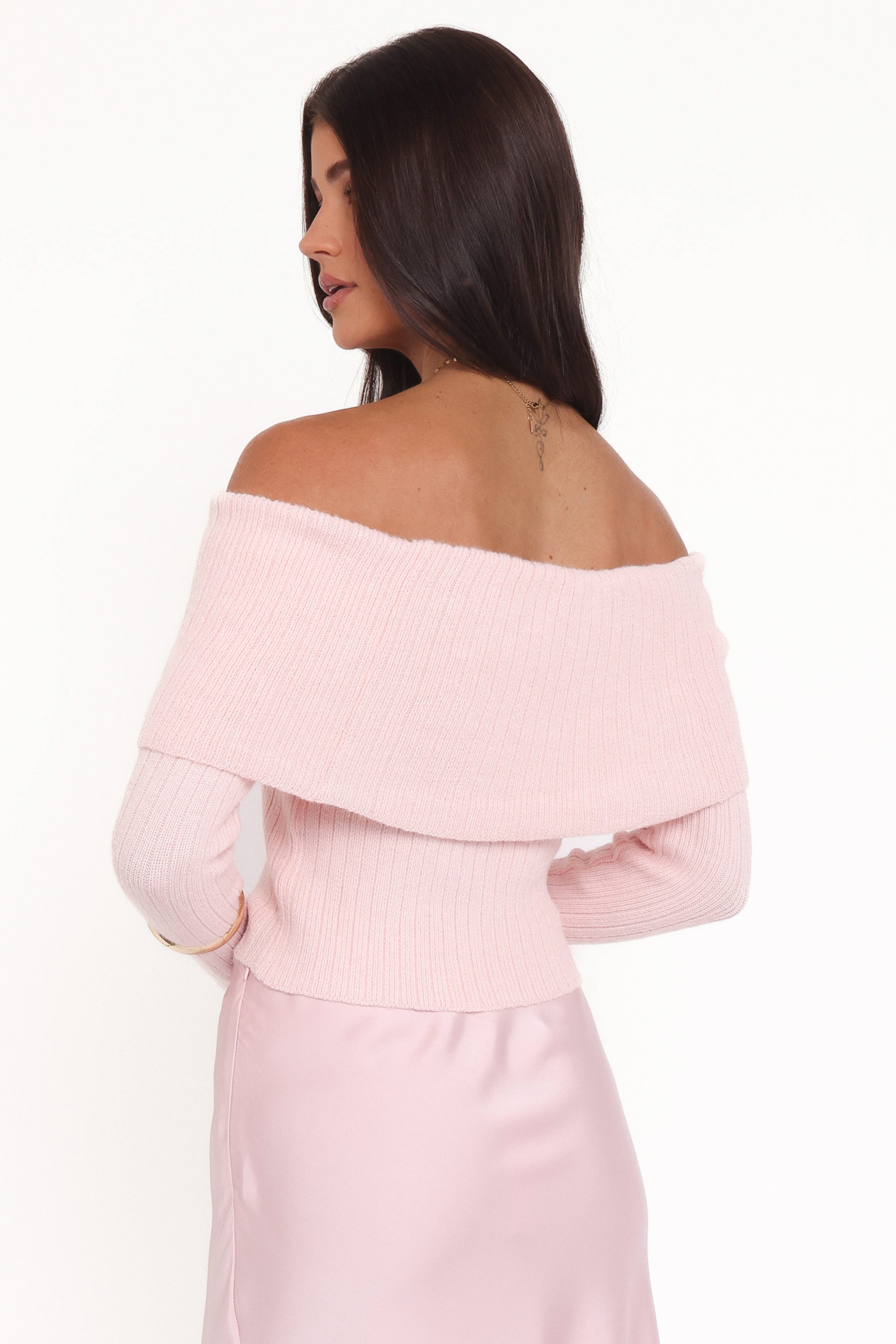 Petal and Pup USA KNITWEAR Helene Bow Off Shoulder Knit Sweater - Pink