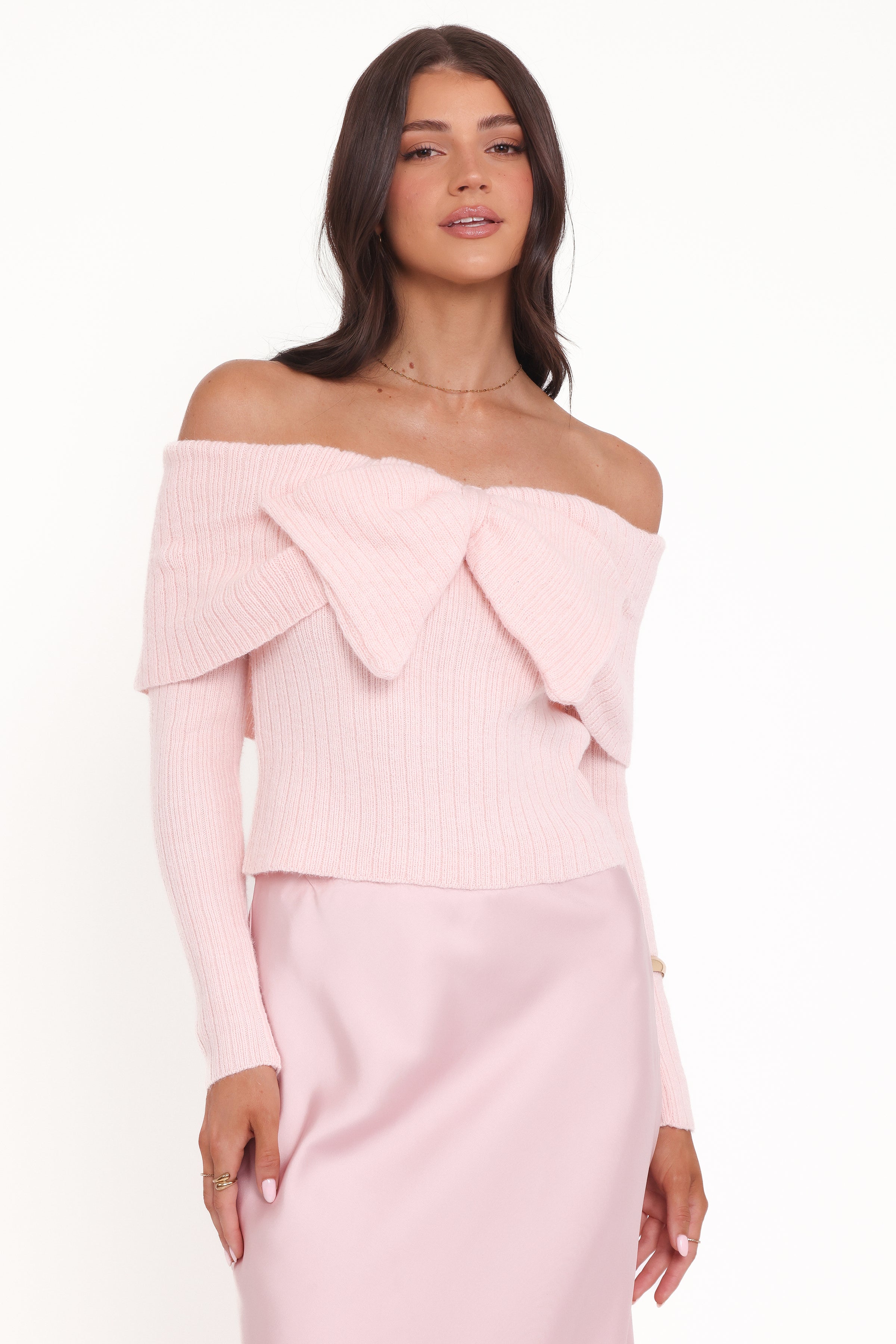 Petal and Pup USA KNITWEAR Helene Bow Off Shoulder Knit Sweater - Pink