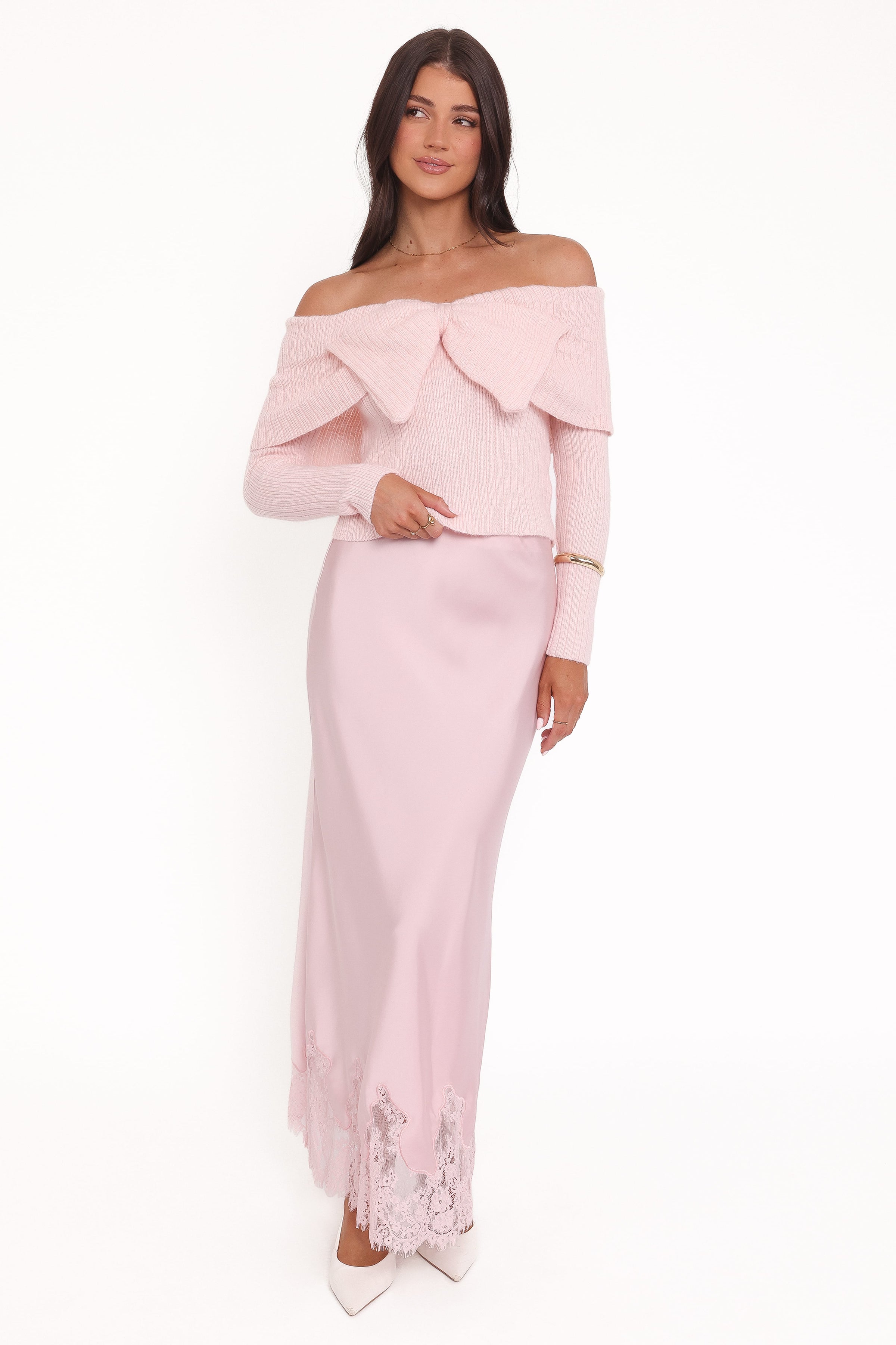 Petal and Pup USA KNITWEAR Helene Bow Off Shoulder Knit Sweater - Pink
