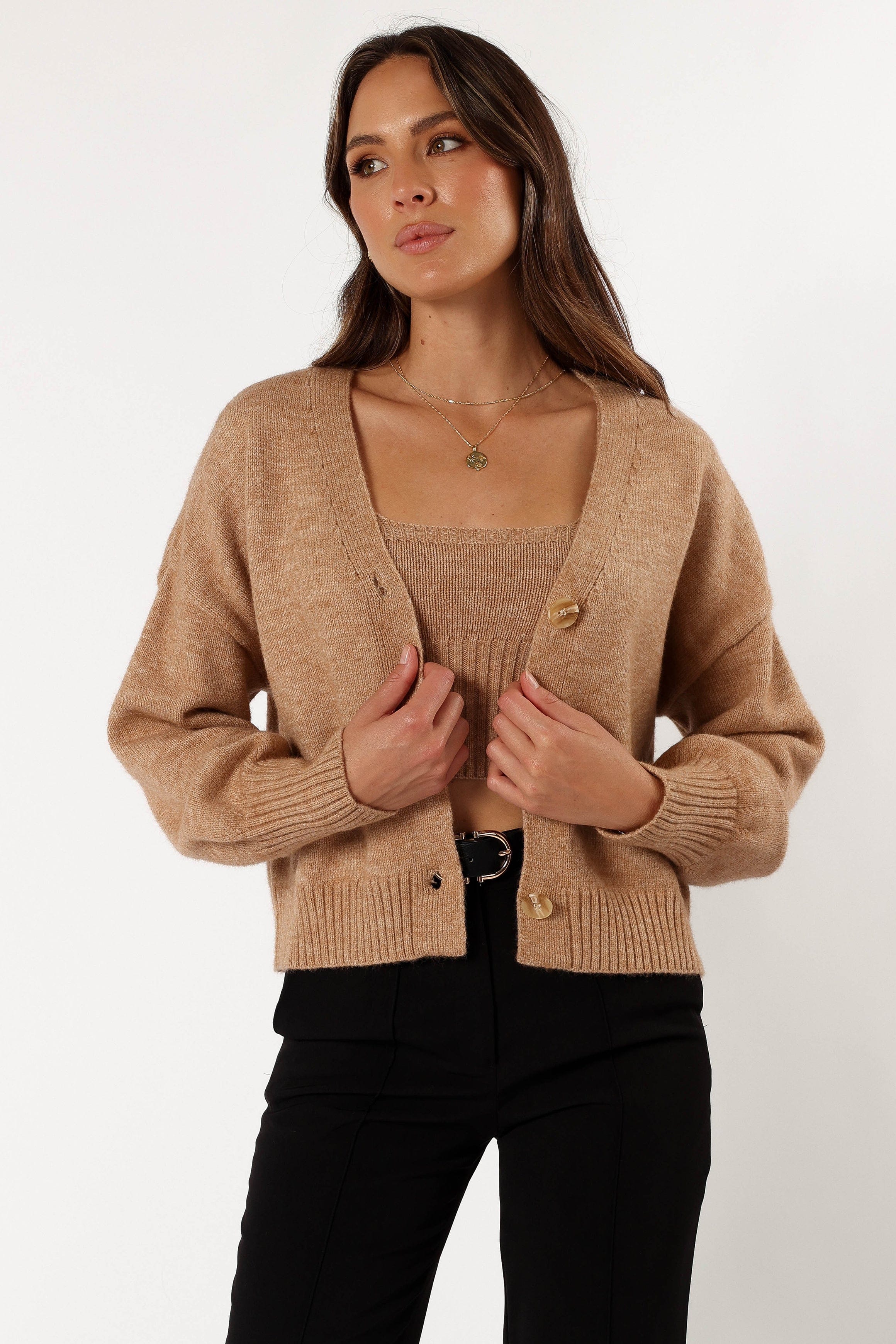 Petal and Pup USA KNITWEAR Isabel Button Front Cardigan - Beige