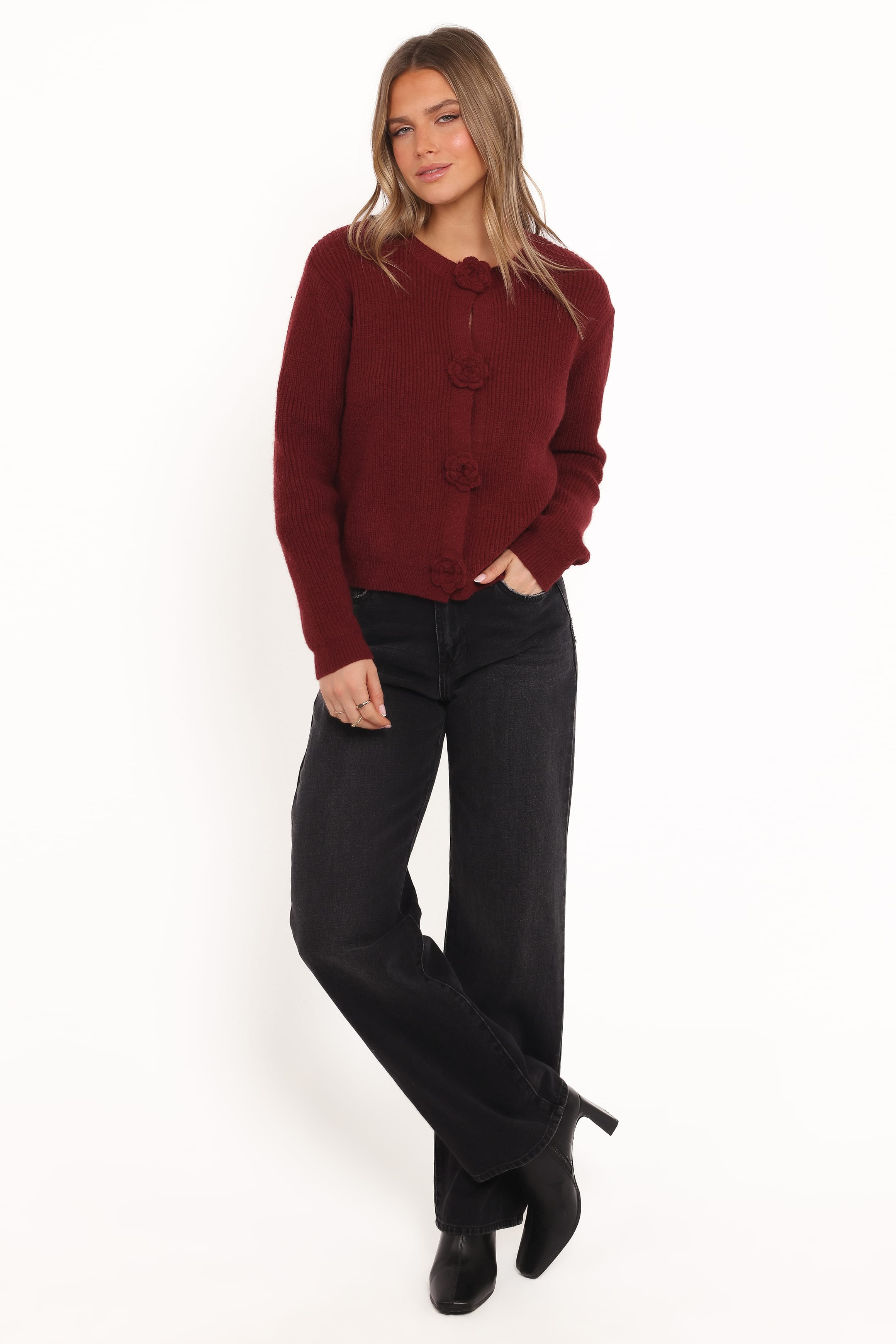 Petal and Pup USA KNITWEAR Jones Rosette Cardigan - Burgundy
