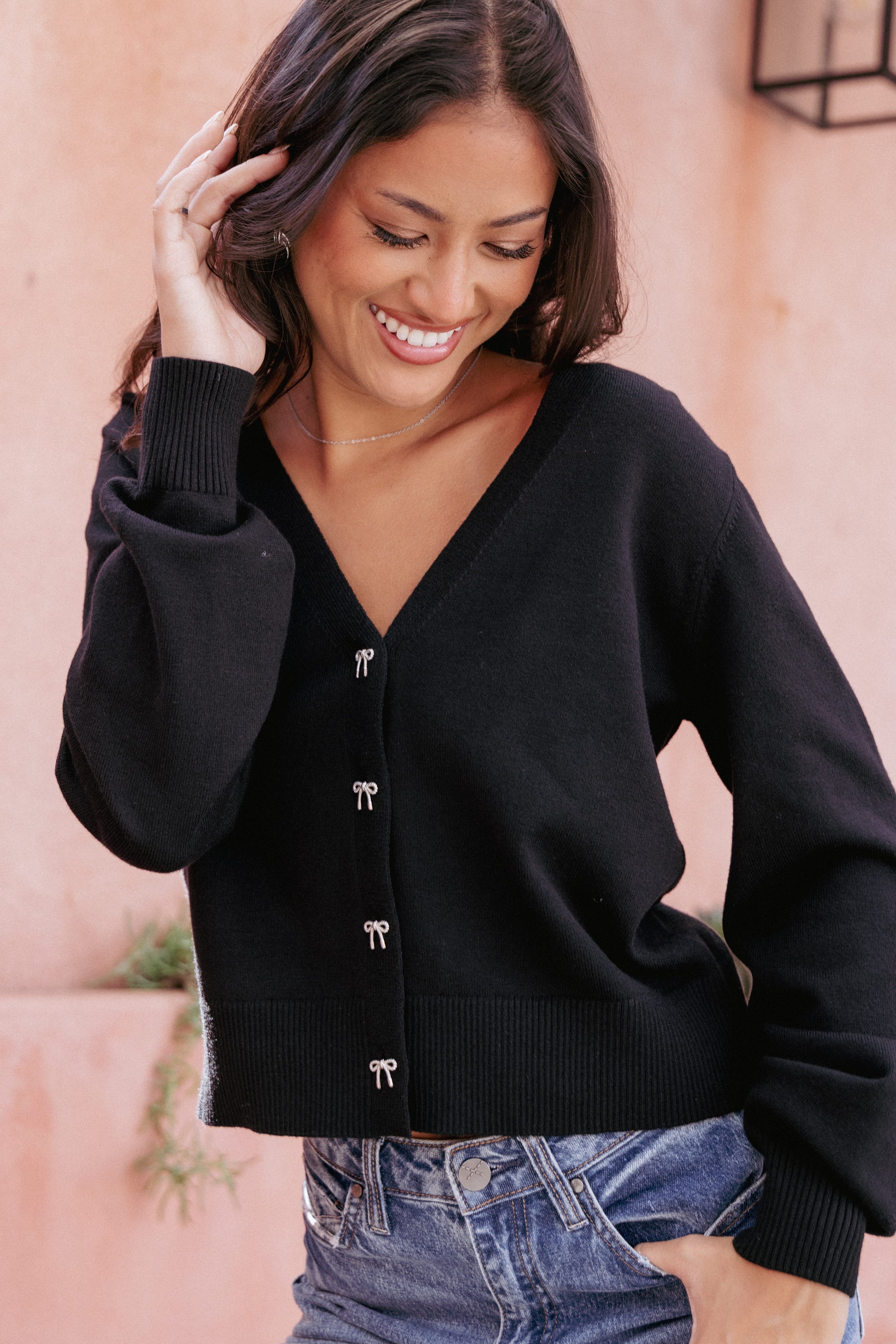 Petal and Pup USA KNITWEAR Josey Bow Button Cardigan - Black
