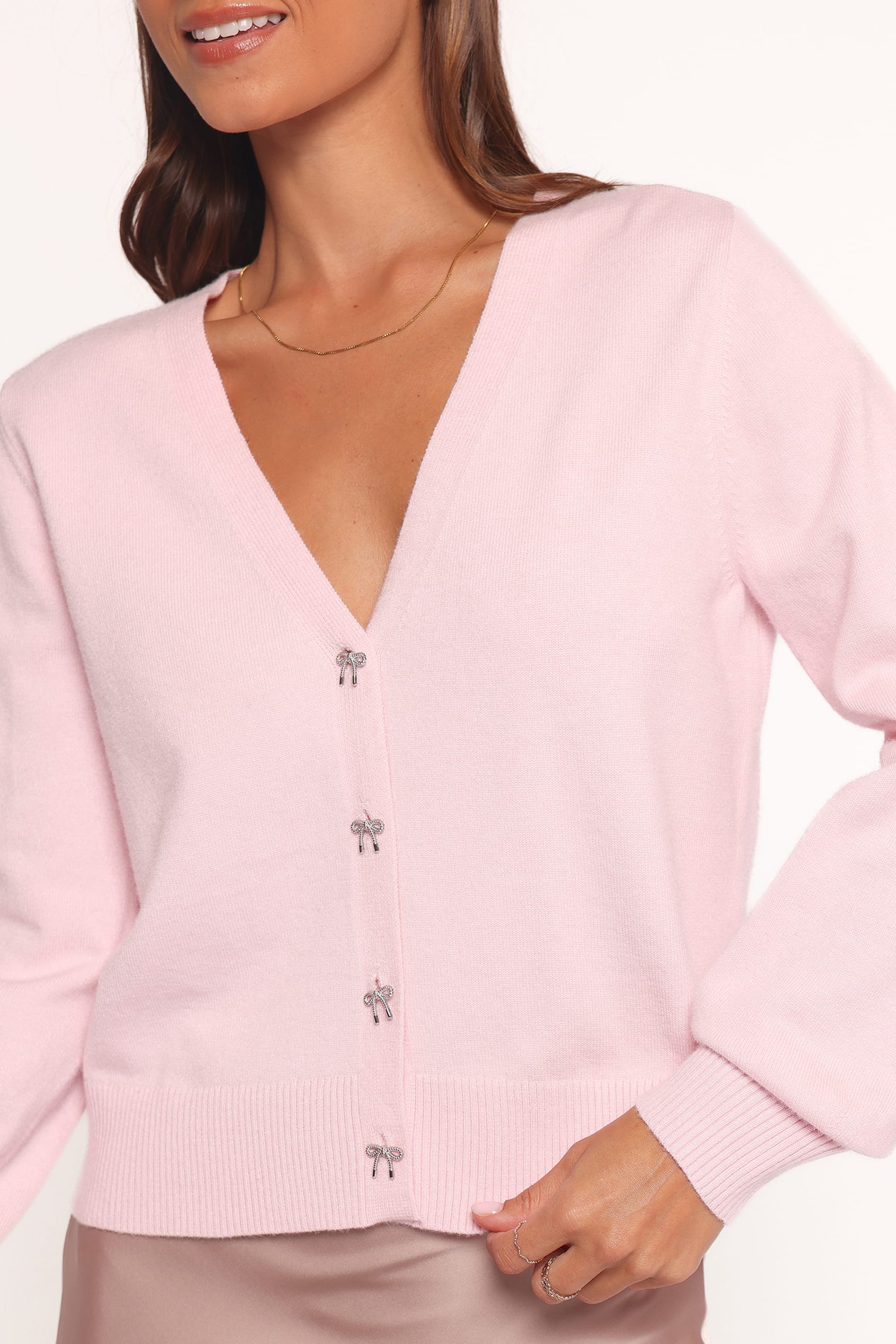 Petal and Pup USA KNITWEAR Josey Bow Button Cardigan - Light Pink