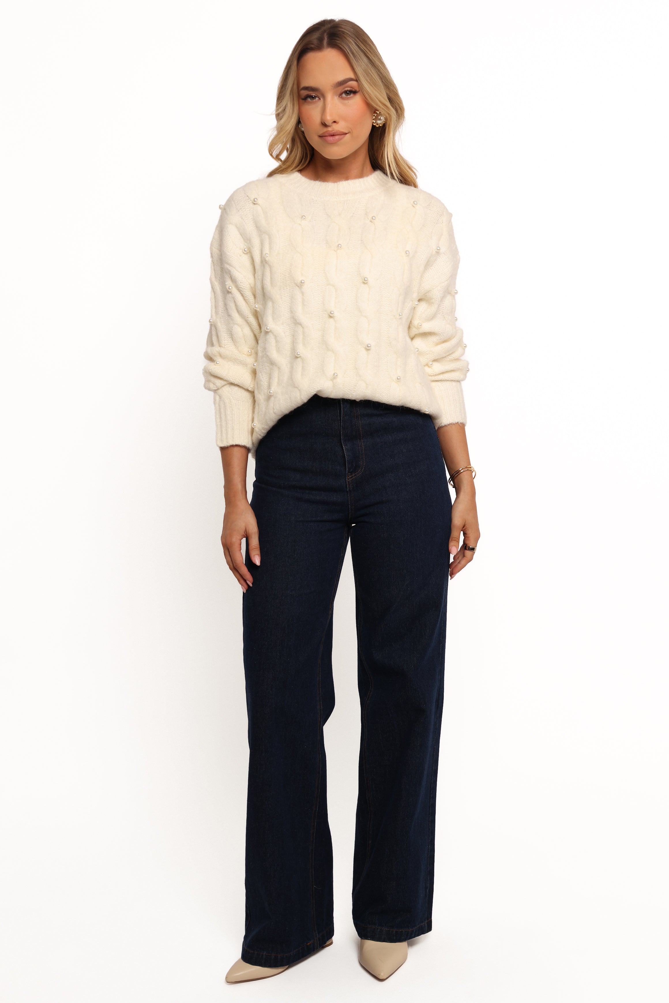 Petal and Pup USA KNITWEAR Kalai Cable Knit Pearl Detail Knit Sweater - Cream