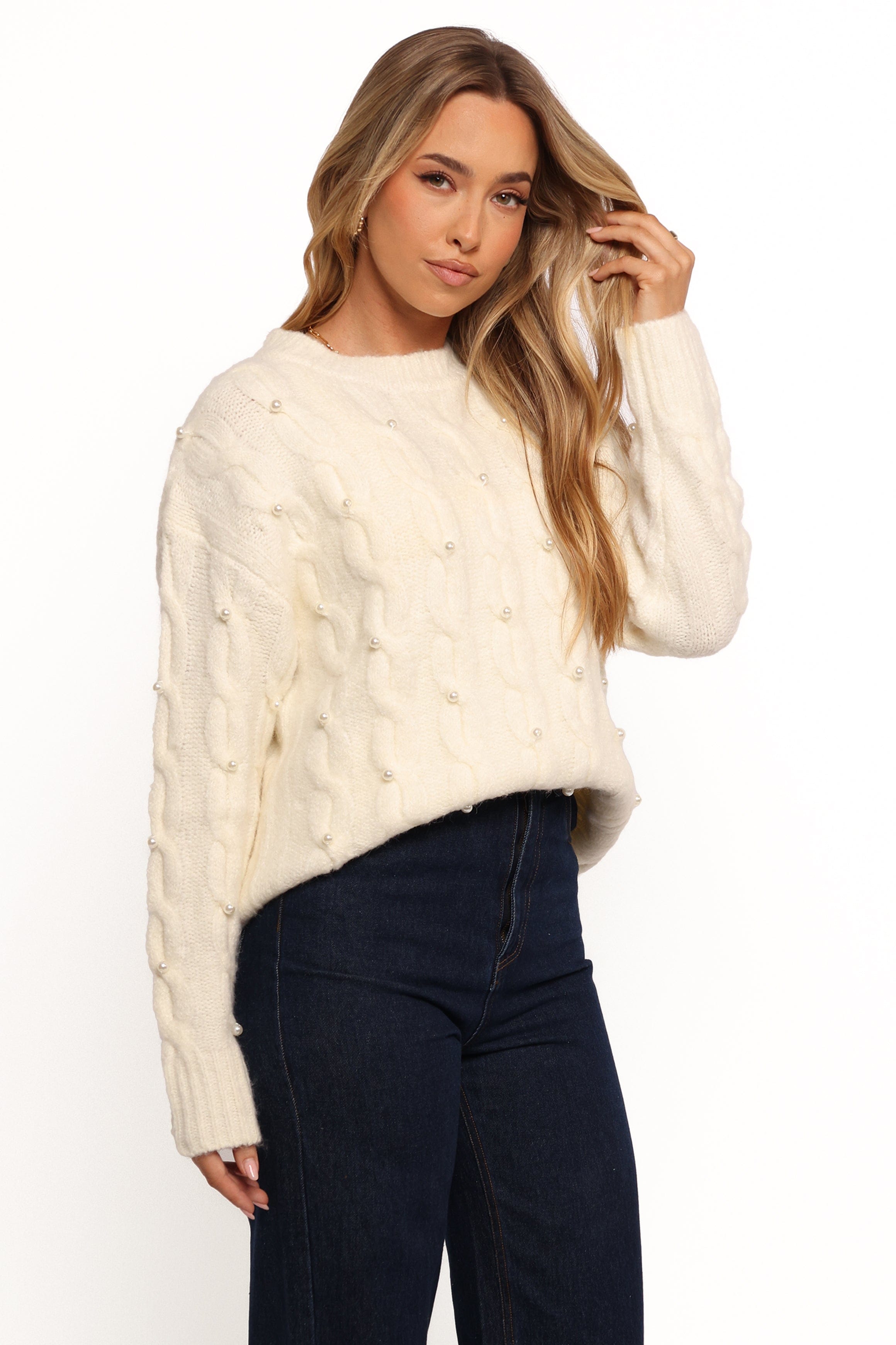 Petal and Pup USA KNITWEAR Kalai Cable Knit Pearl Detail Knit Sweater - Cream