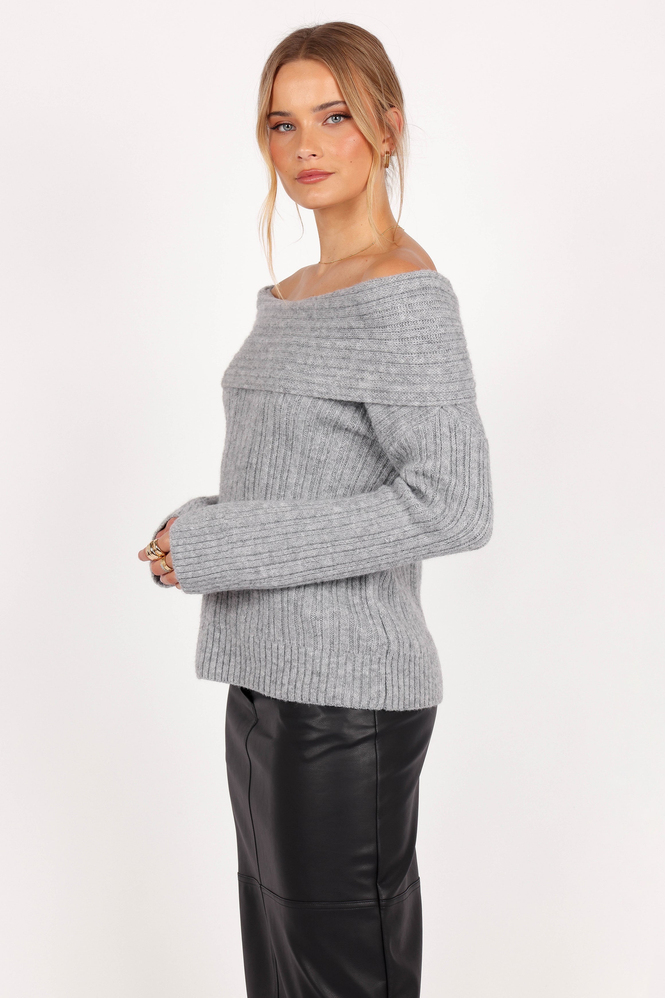 Petal and Pup USA KNITWEAR Kenny Off Shoulder Knit Sweater - Grey
