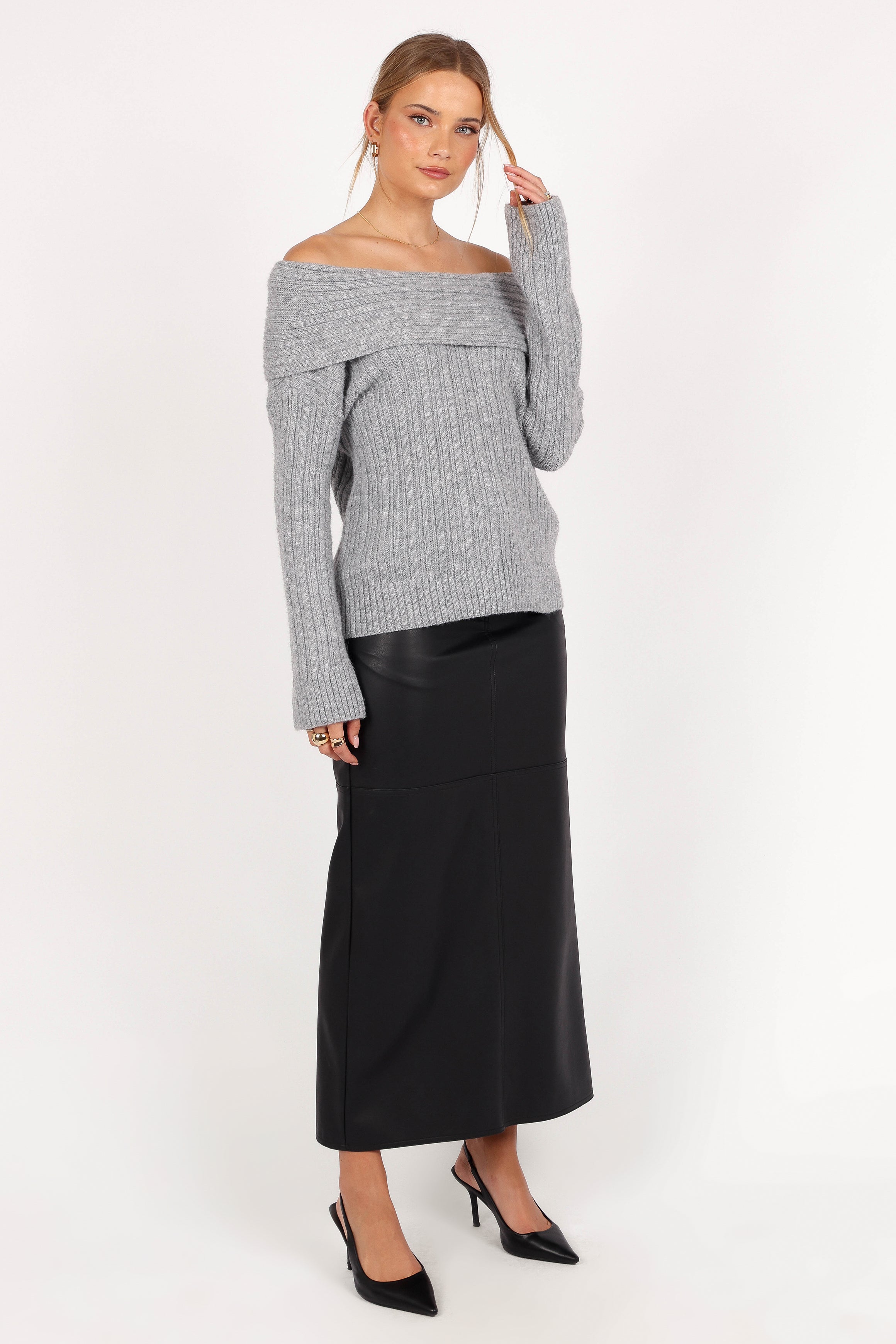 Petal and Pup USA KNITWEAR Kenny Off Shoulder Knit Sweater - Grey
