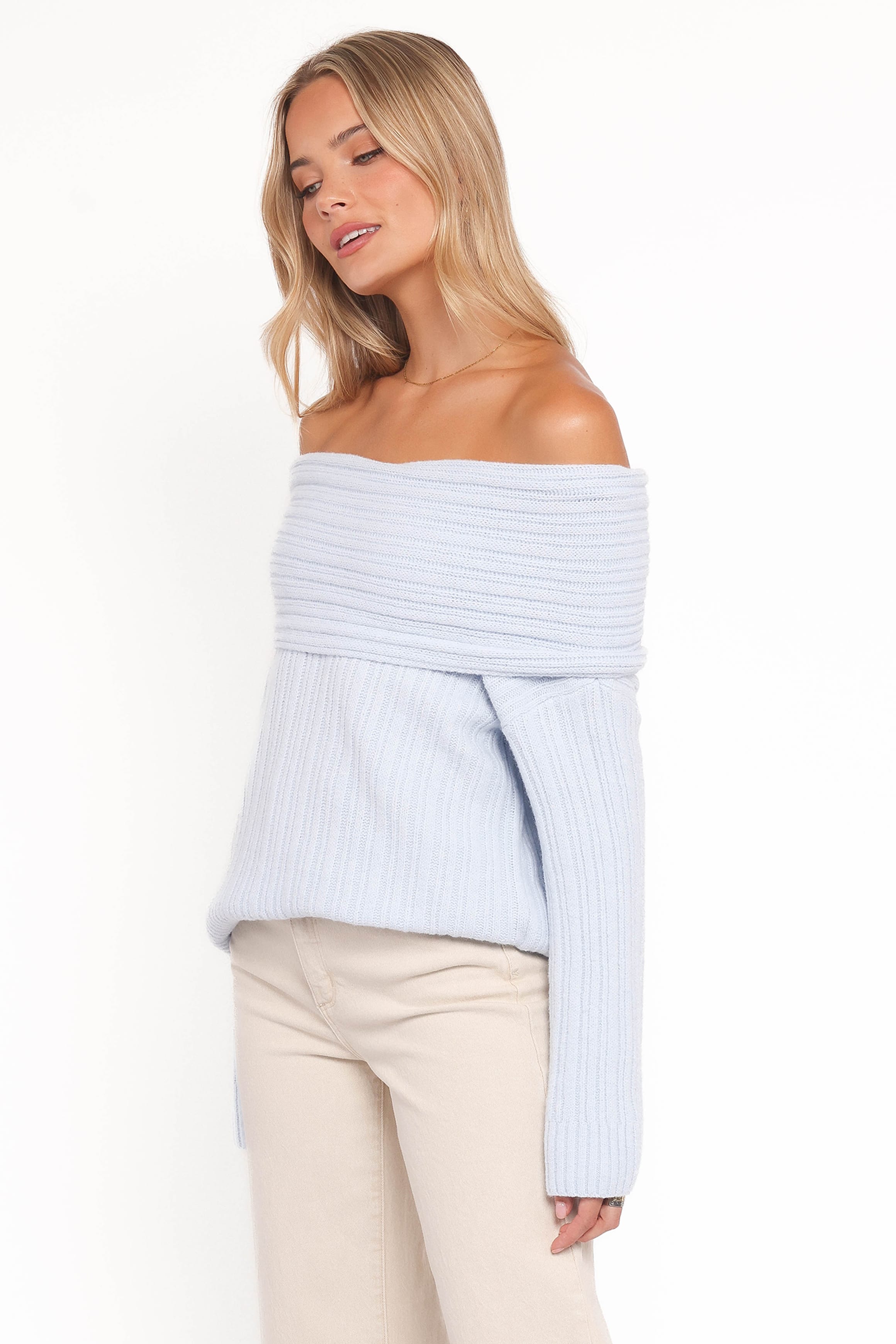 Petal and Pup USA KNITWEAR Kenny Off Shoulder Knit Sweater - Pale Blue