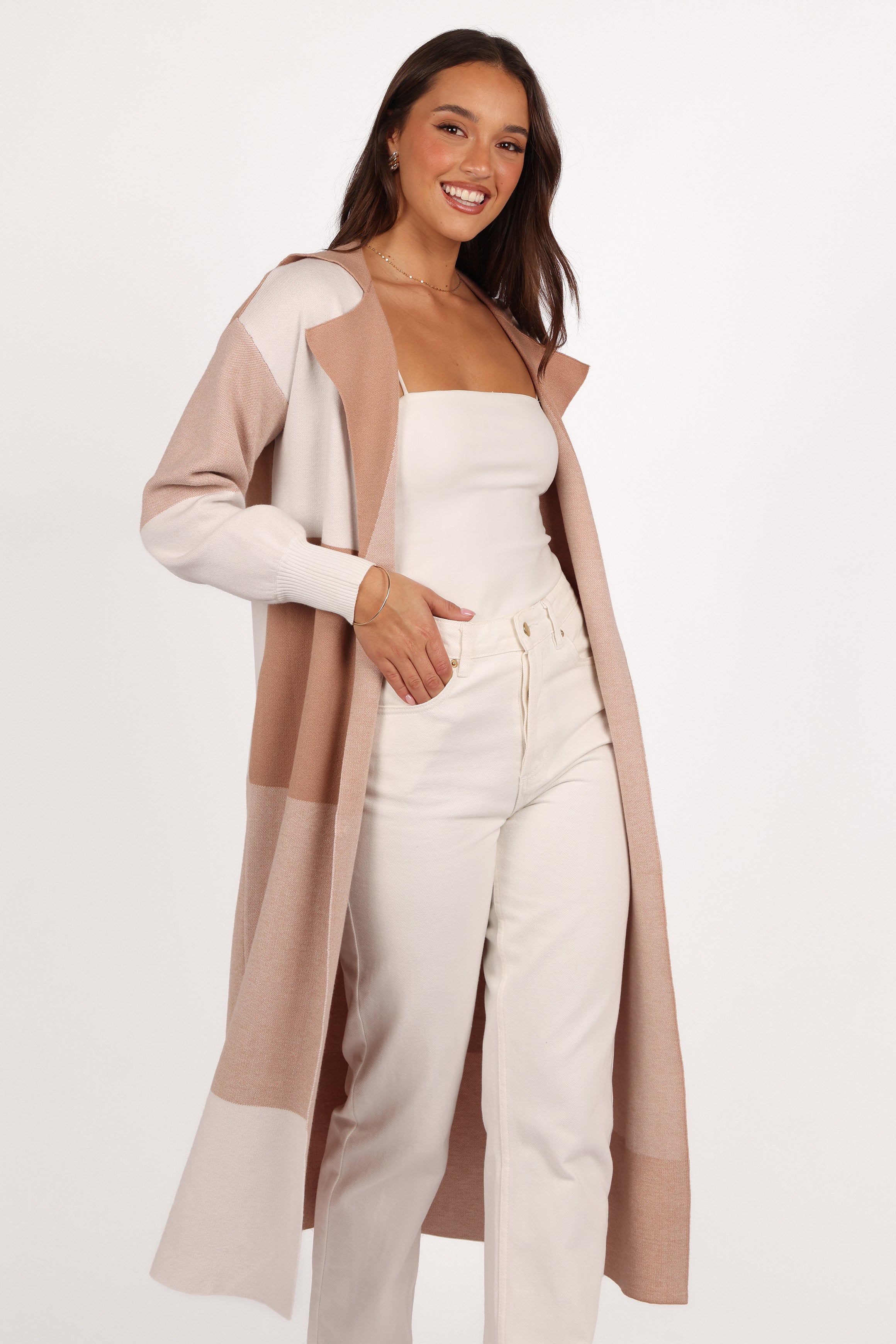 Petal and Pup USA KNITWEAR Kingston Large Check Long Cardigan - Beige Check
