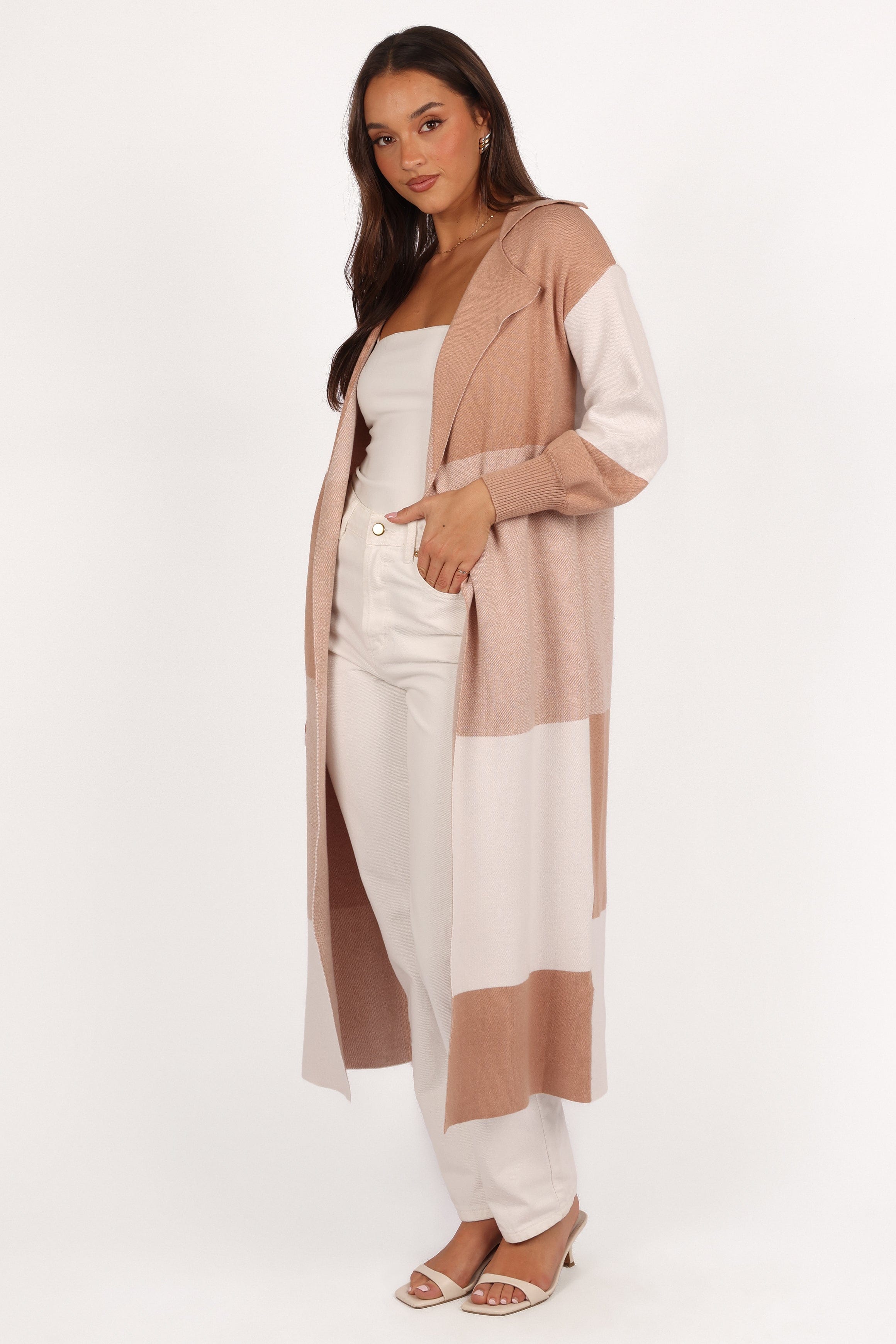 Petal and Pup USA KNITWEAR Kingston Large Check Long Cardigan - Beige Check