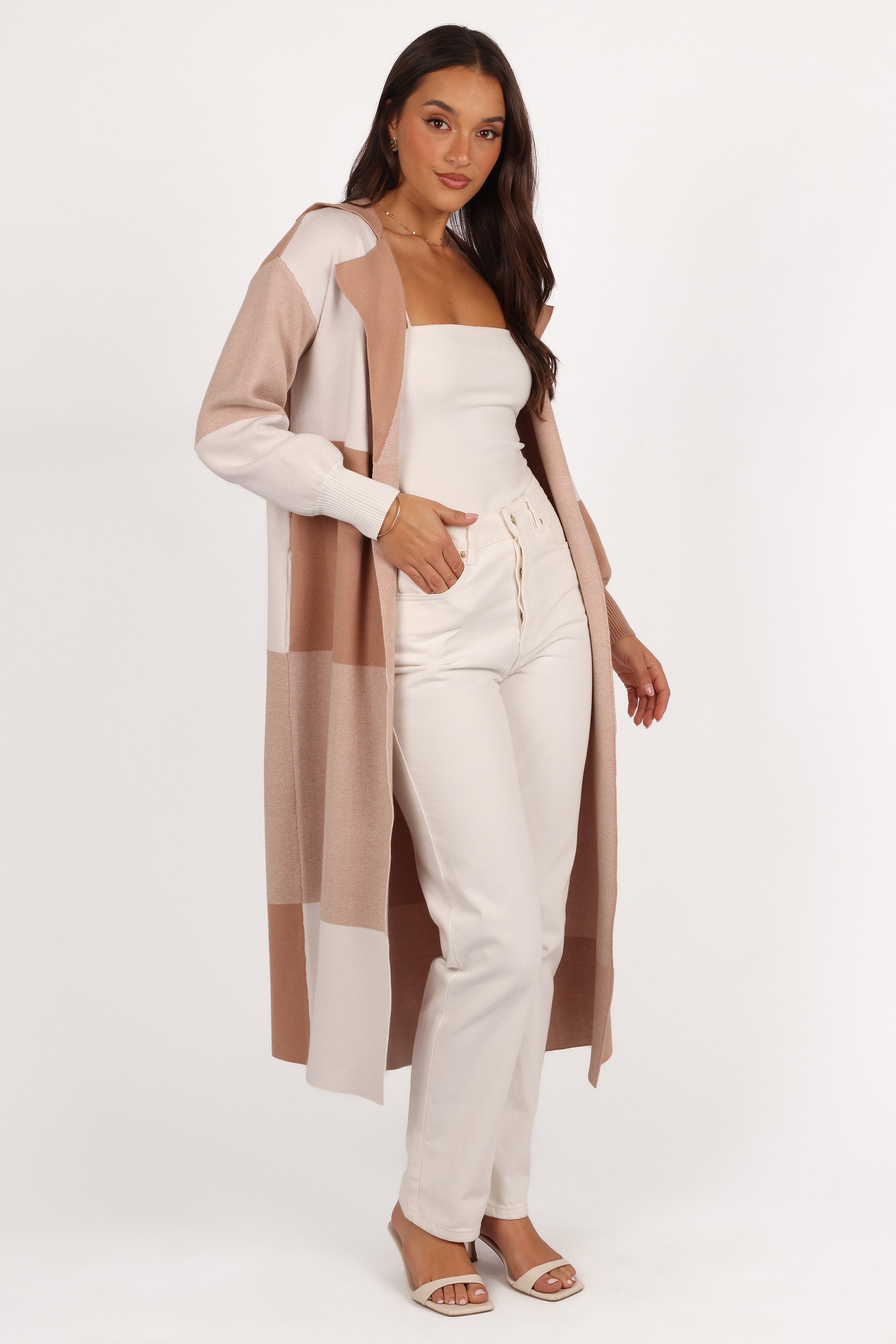 Petal and Pup USA KNITWEAR Kingston Large Check Long Cardigan - Beige Check