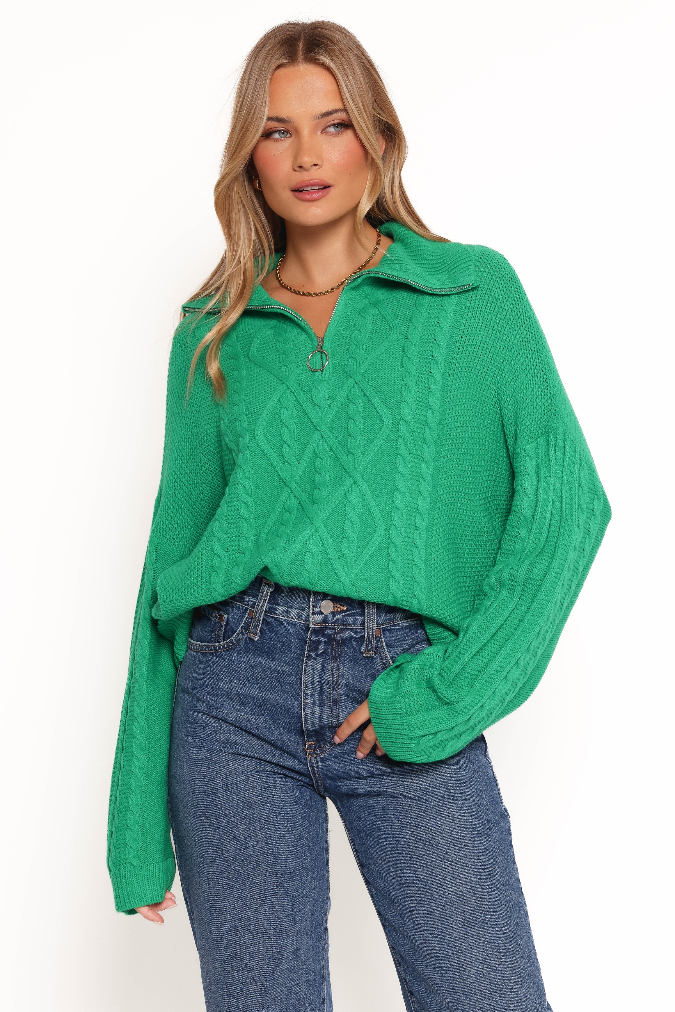 Petal and Pup USA KNITWEAR Leon Quarter Zip Cable Knit Sweater - Green
