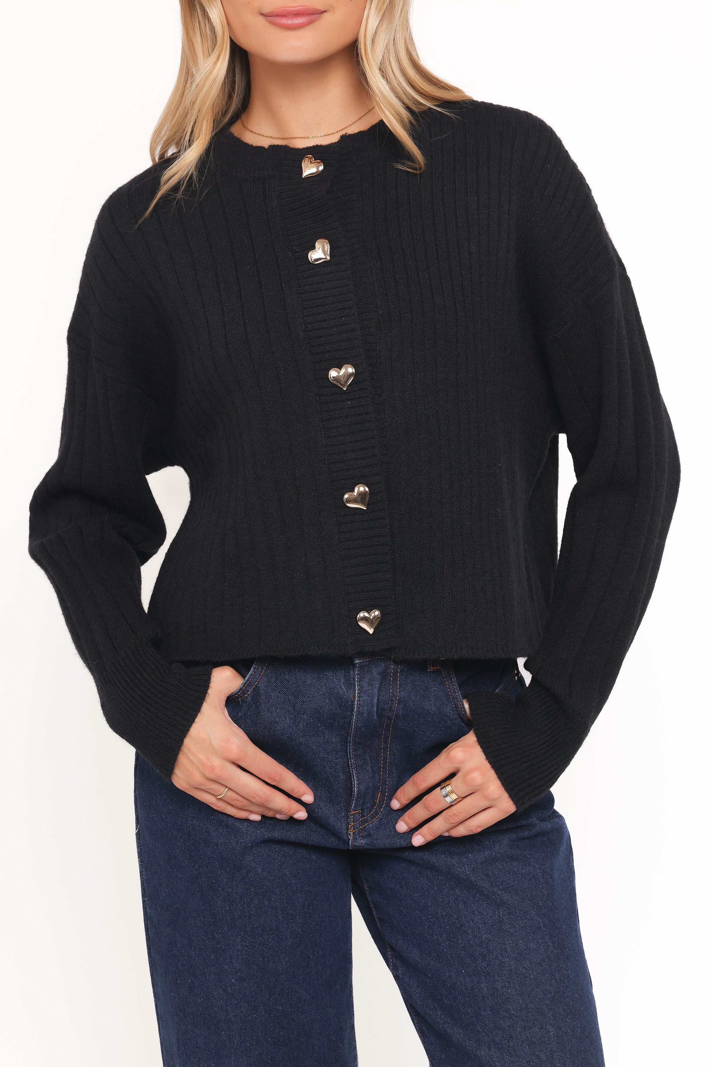 Petal and Pup USA KNITWEAR Loulani Heart Button Cardigan - Black