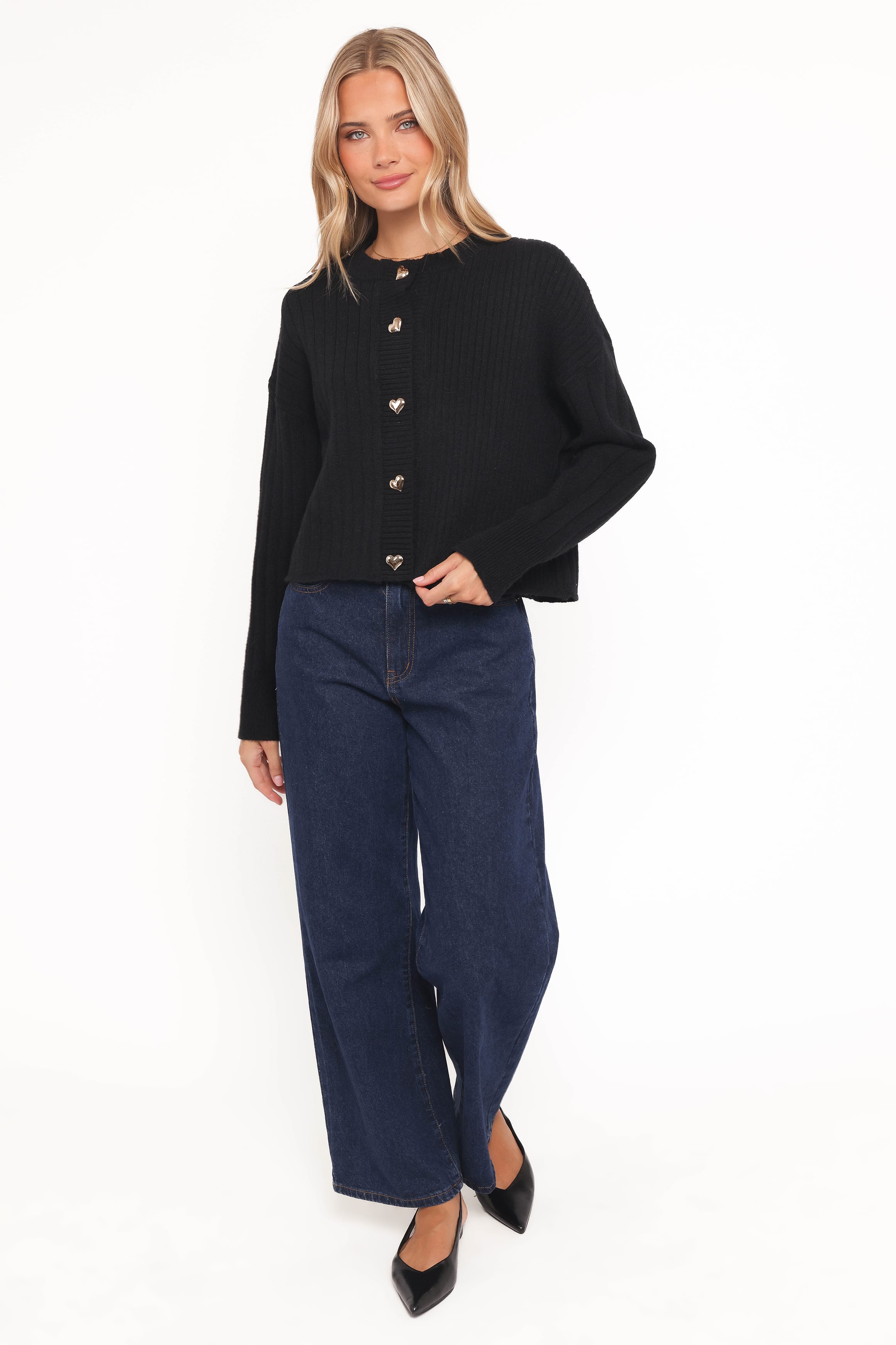 Petal and Pup USA KNITWEAR Loulani Heart Button Cardigan - Black