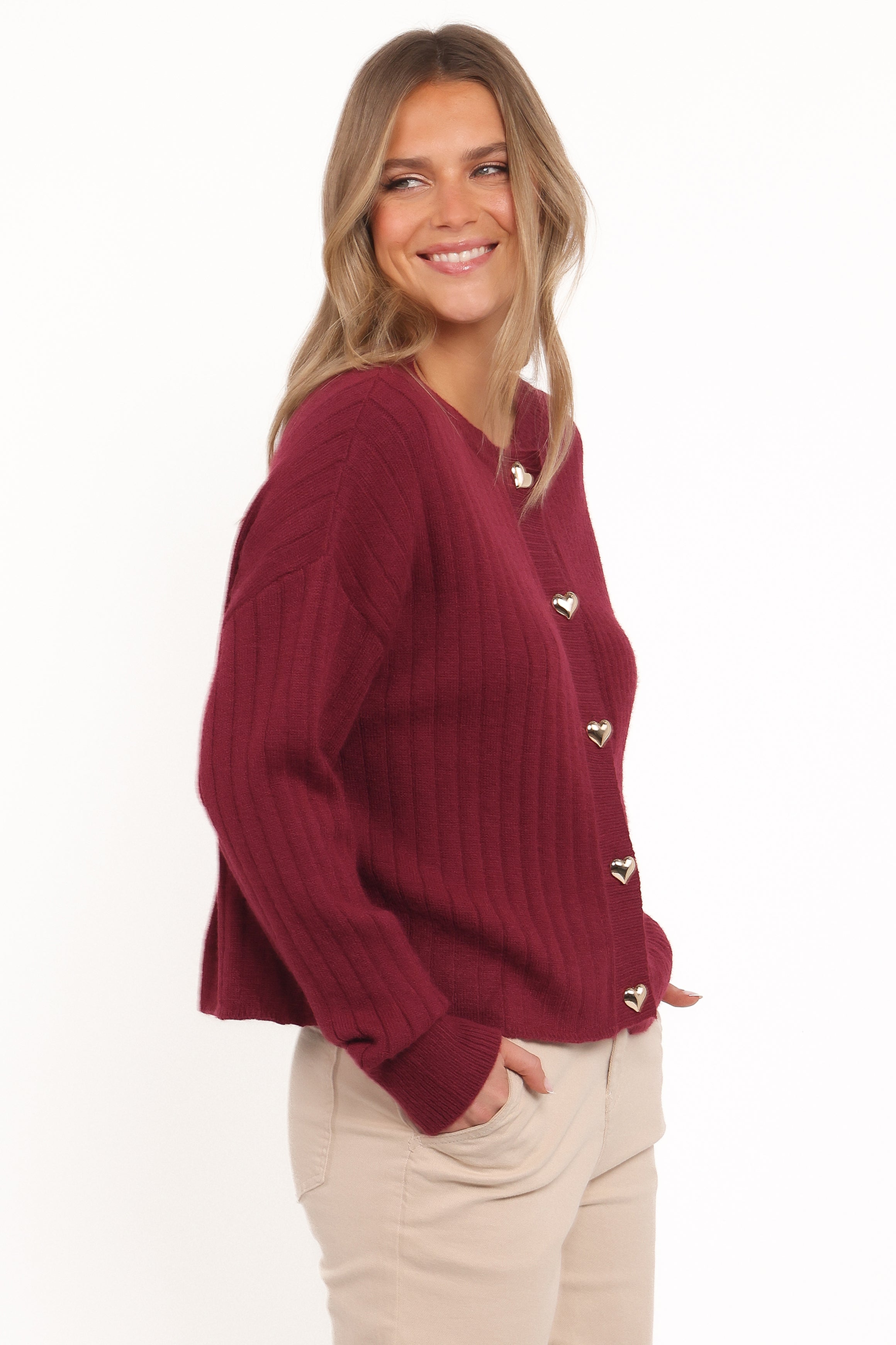 Petal and Pup USA KNITWEAR Loulani Heart Button Cardigan - Cherry