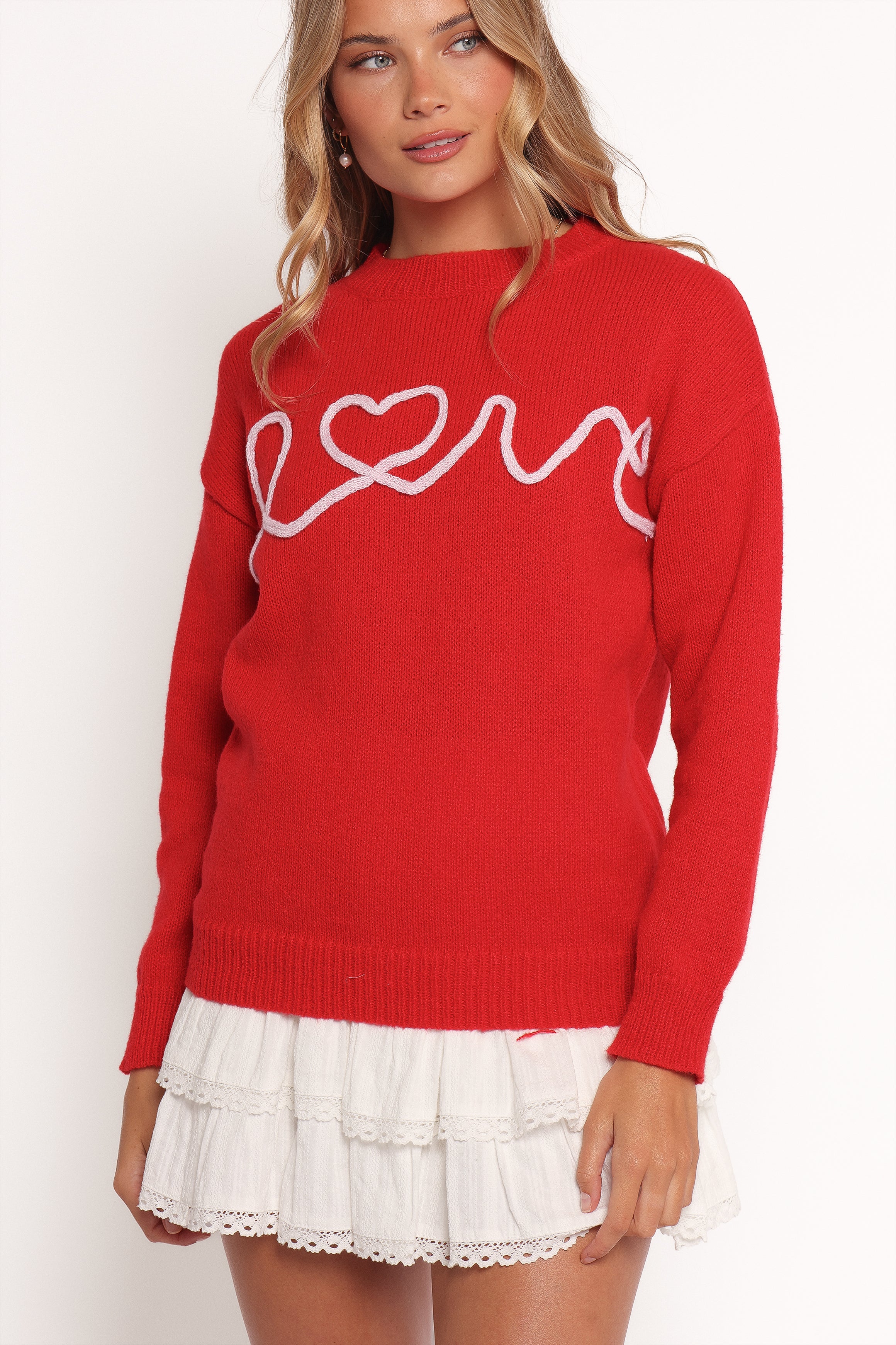 Petal and Pup USA KNITWEAR Love Embroidered Knit Sweater - Red