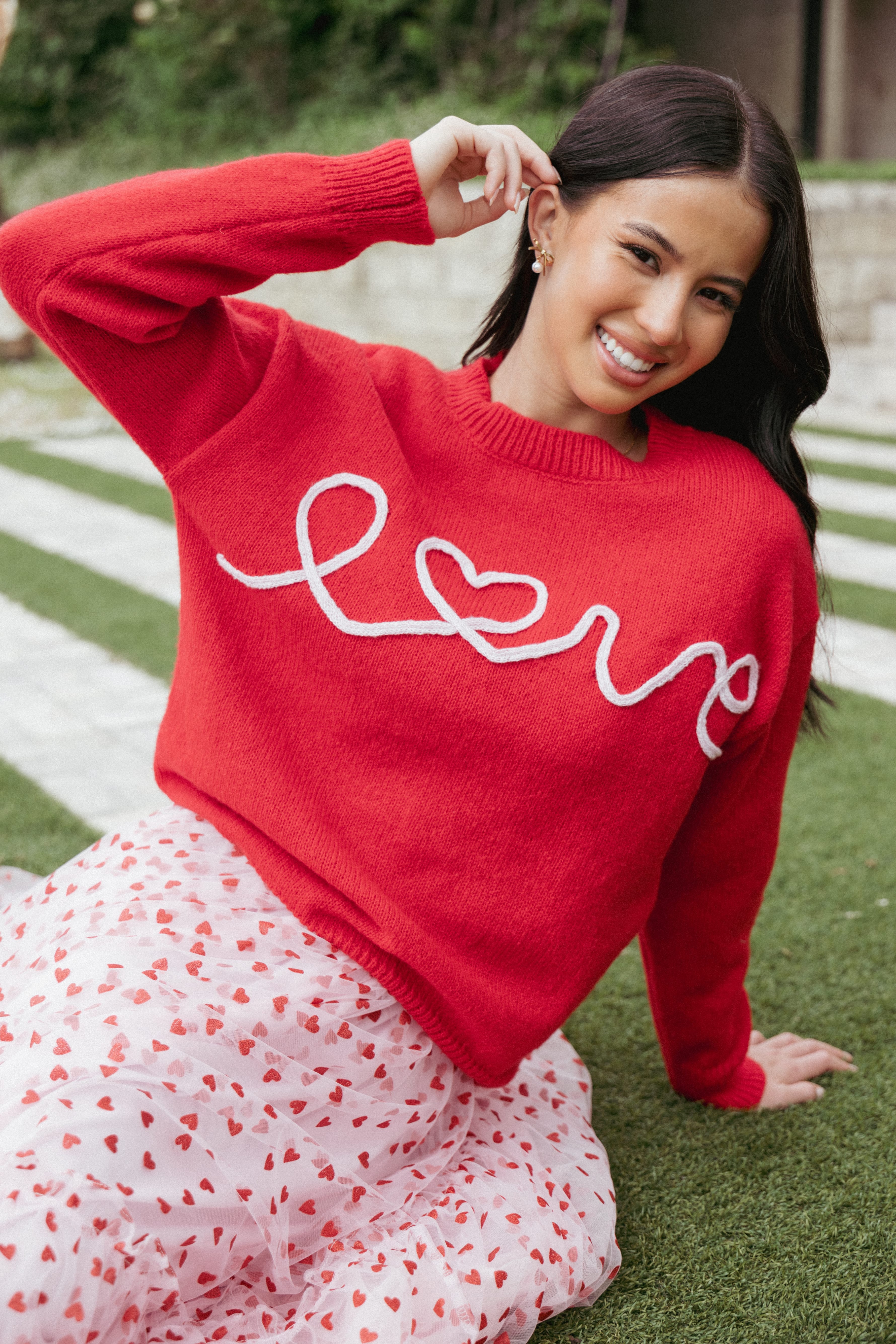 Petal and Pup USA KNITWEAR Love Embroidered Knit Sweater - Red