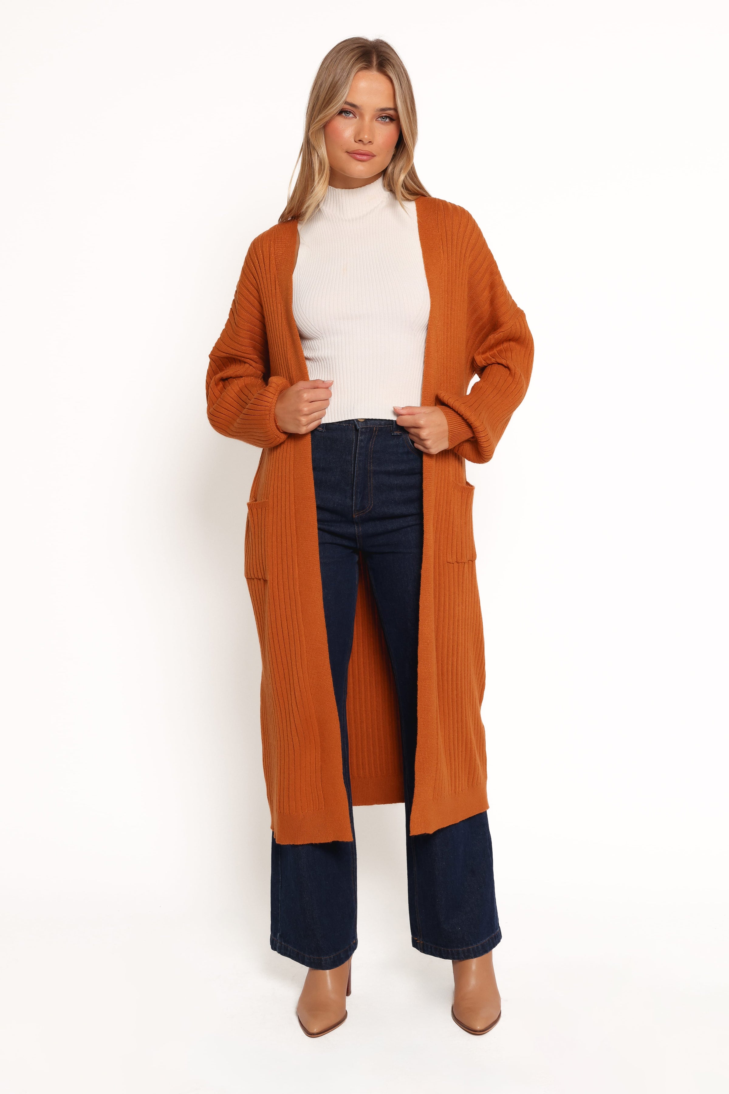 Petal and Pup USA KNITWEAR Makenna Long Open Front Cardigan - Rust