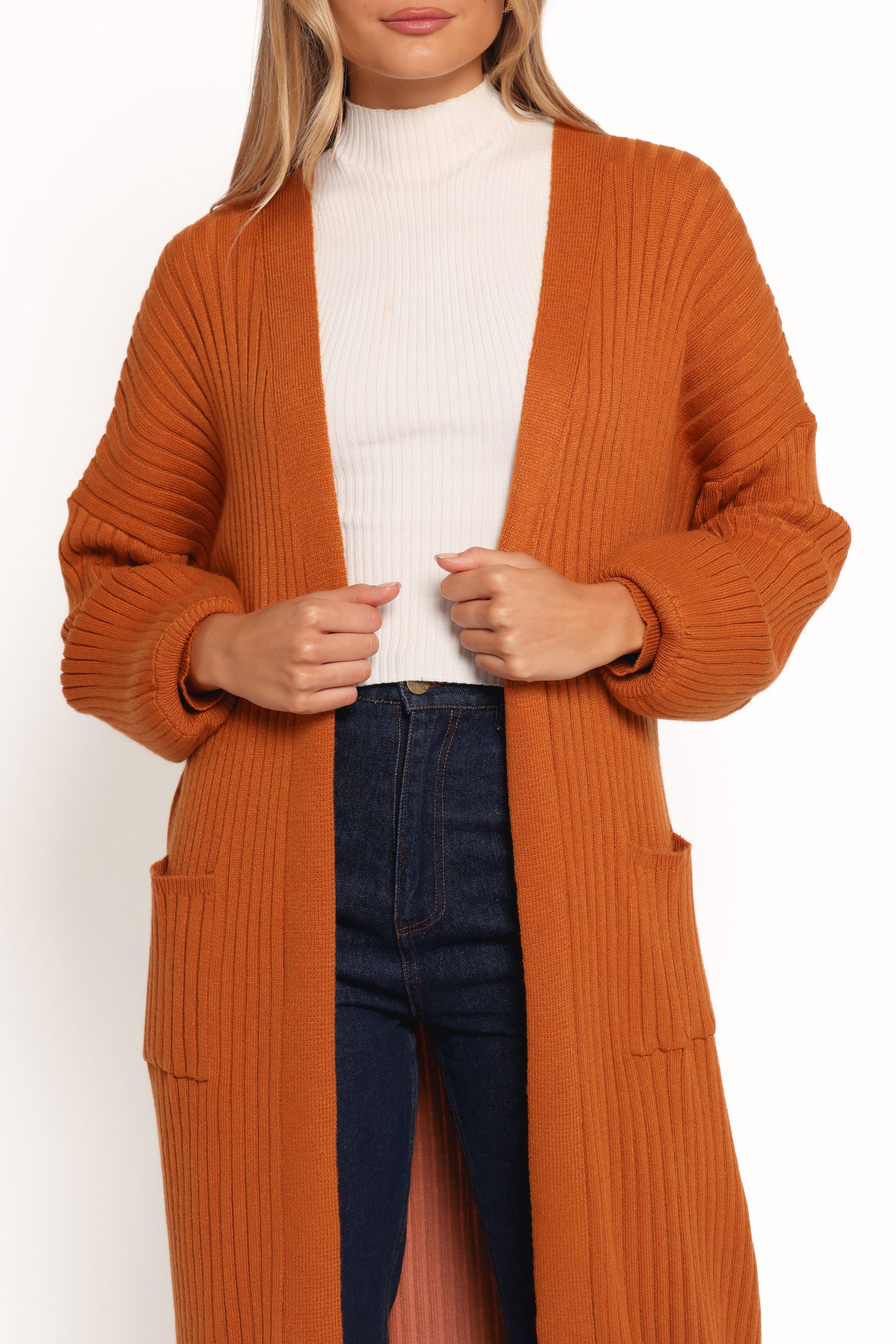 Petal and Pup USA KNITWEAR Makenna Long Open Front Cardigan - Rust