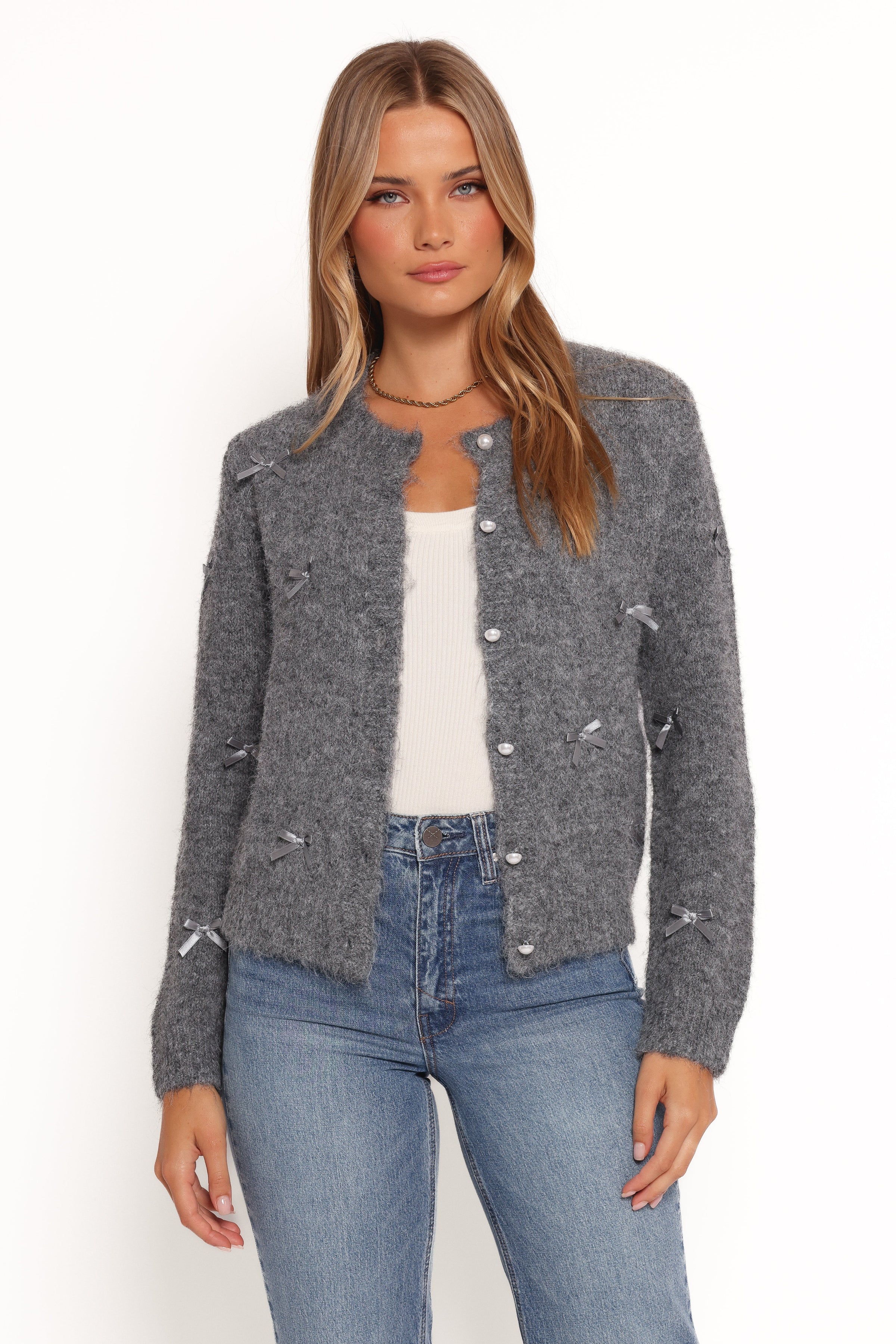 Petal and Pup USA KNITWEAR Mellie All Over Bow Button Front Cardigan - Grey
